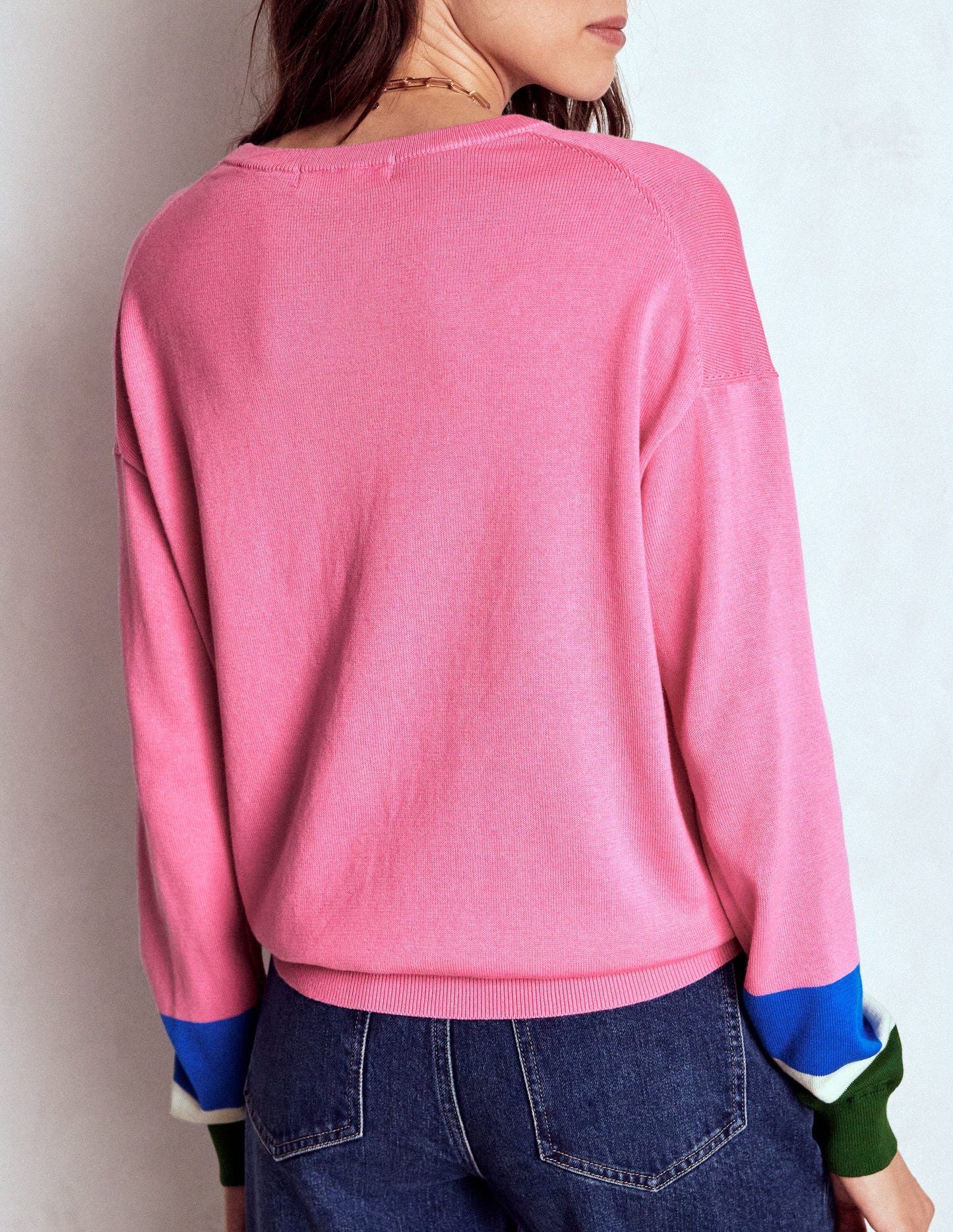 Lara Relaxed Cotton Jumper-Pink Lemonade, Cuff Stripe