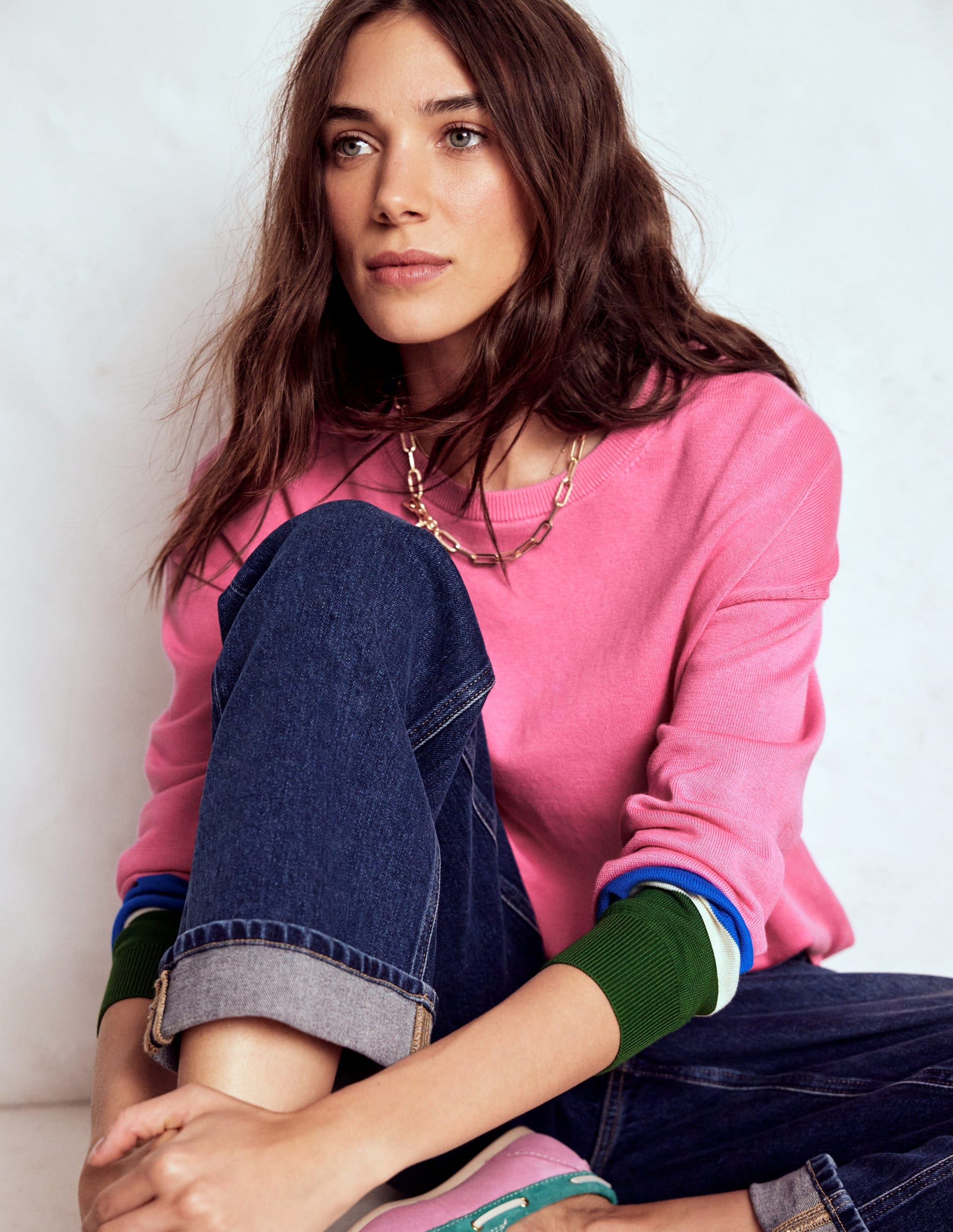 Lara Relaxed Cotton Jumper-Pink Lemonade, Cuff Stripe-4