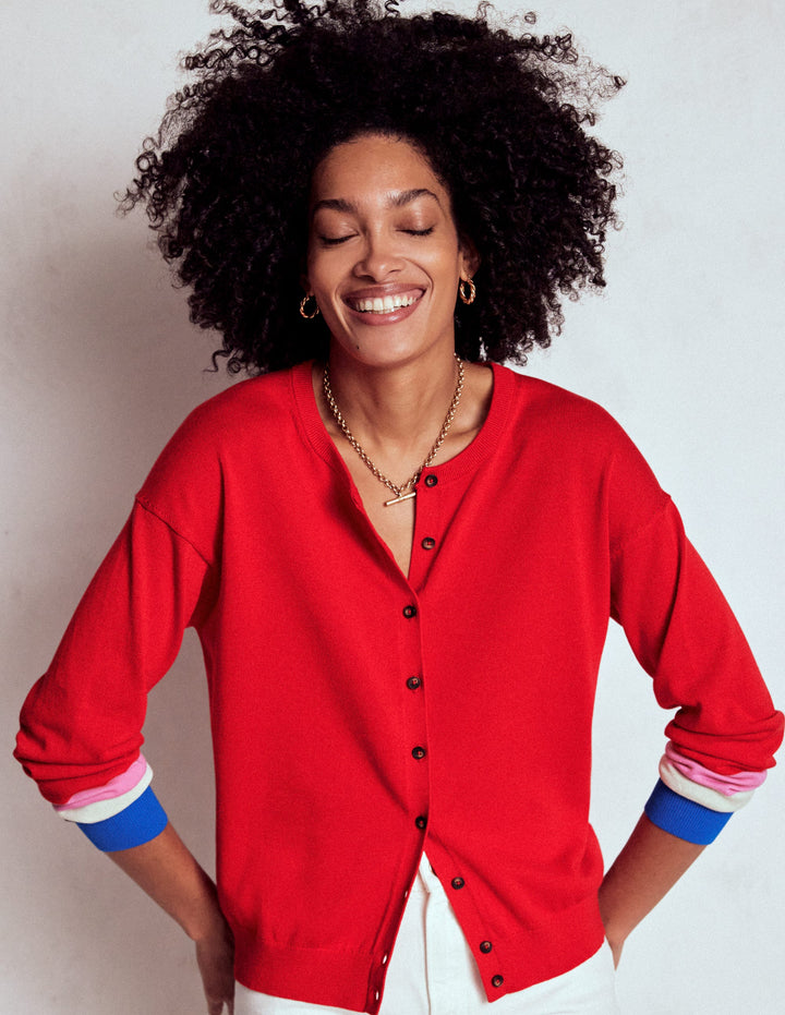 Lara Relaxed Cotton Cardigan-Poppy Red, Cuff Stripe