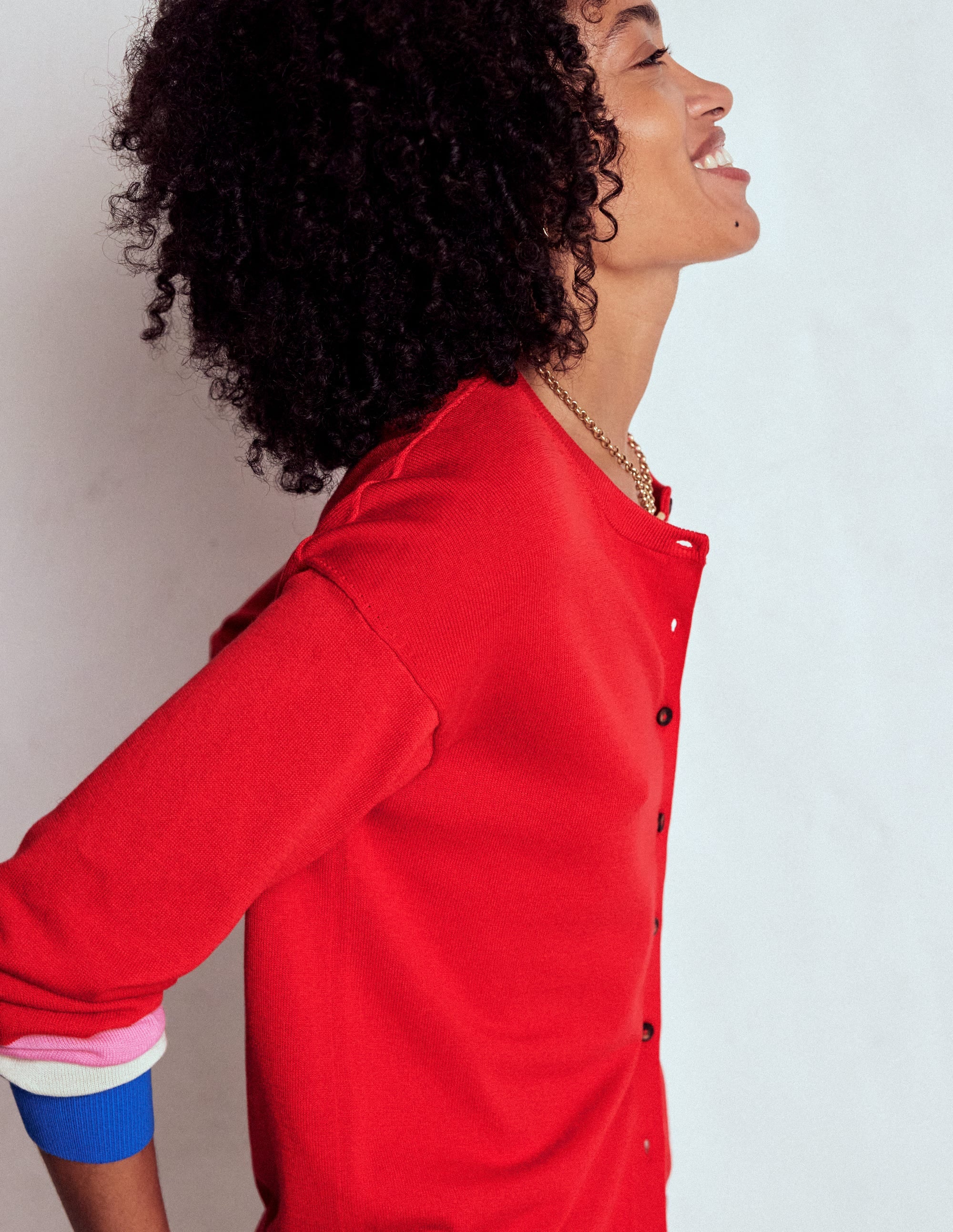 Lara Relaxed Cotton Cardigan-Poppy Red, Cuff Stripe - Image 2