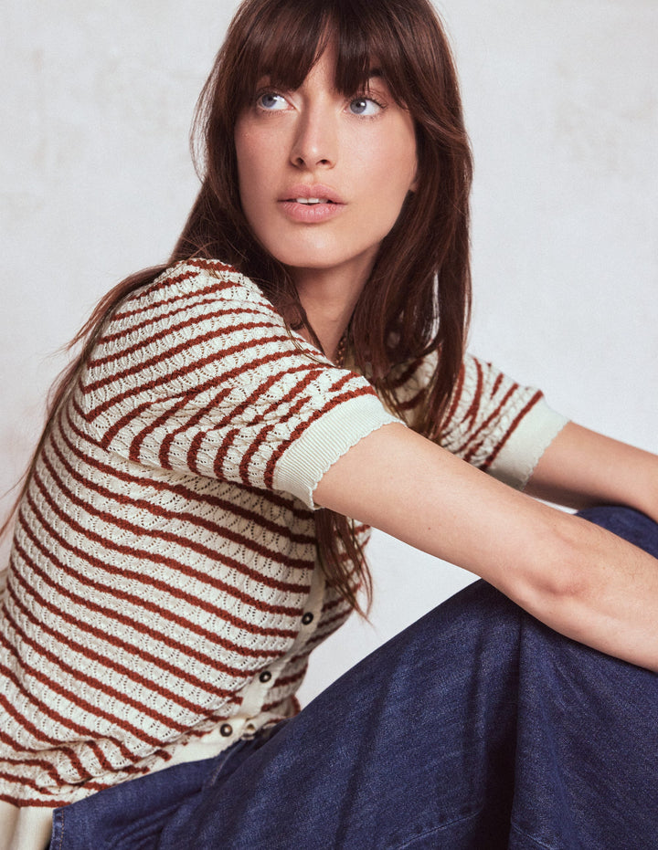 Dot Pointelle Cardigan-Warm Ivory/ Red