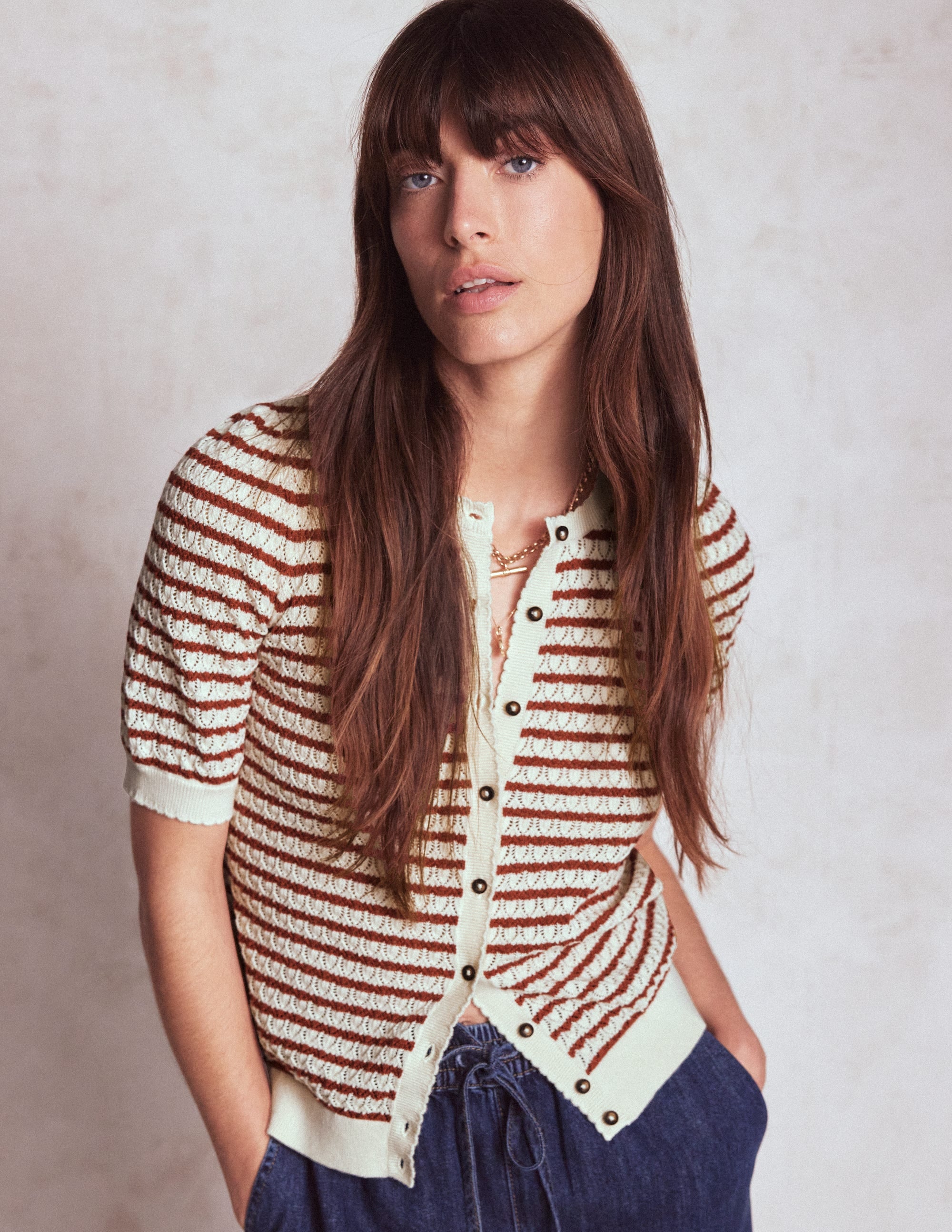 Dot Pointelle Cardigan-Warm Ivory/ Red - Image 4