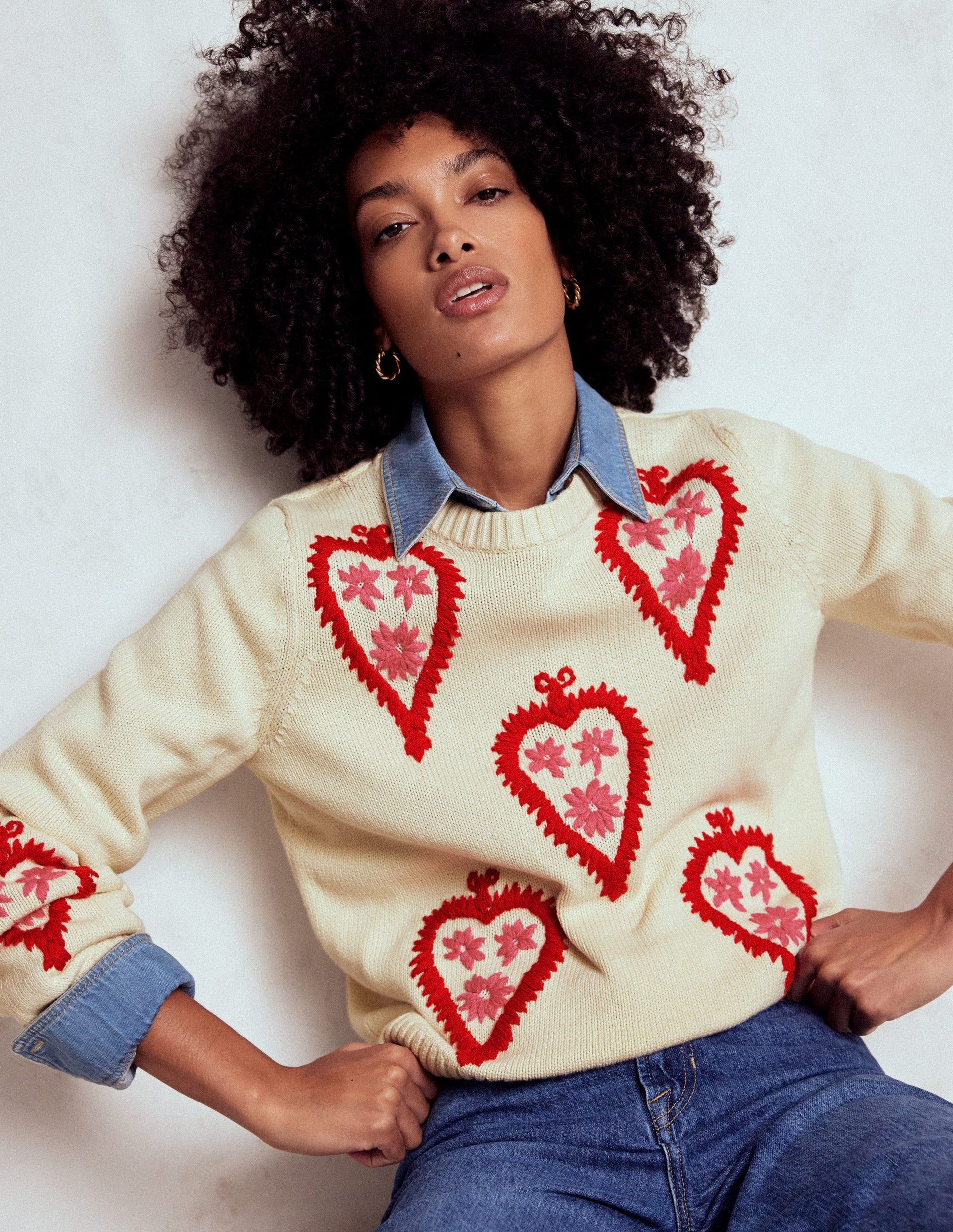 Graphic Embroidered Jumper-Warm Ivory, Hearts Boden UK