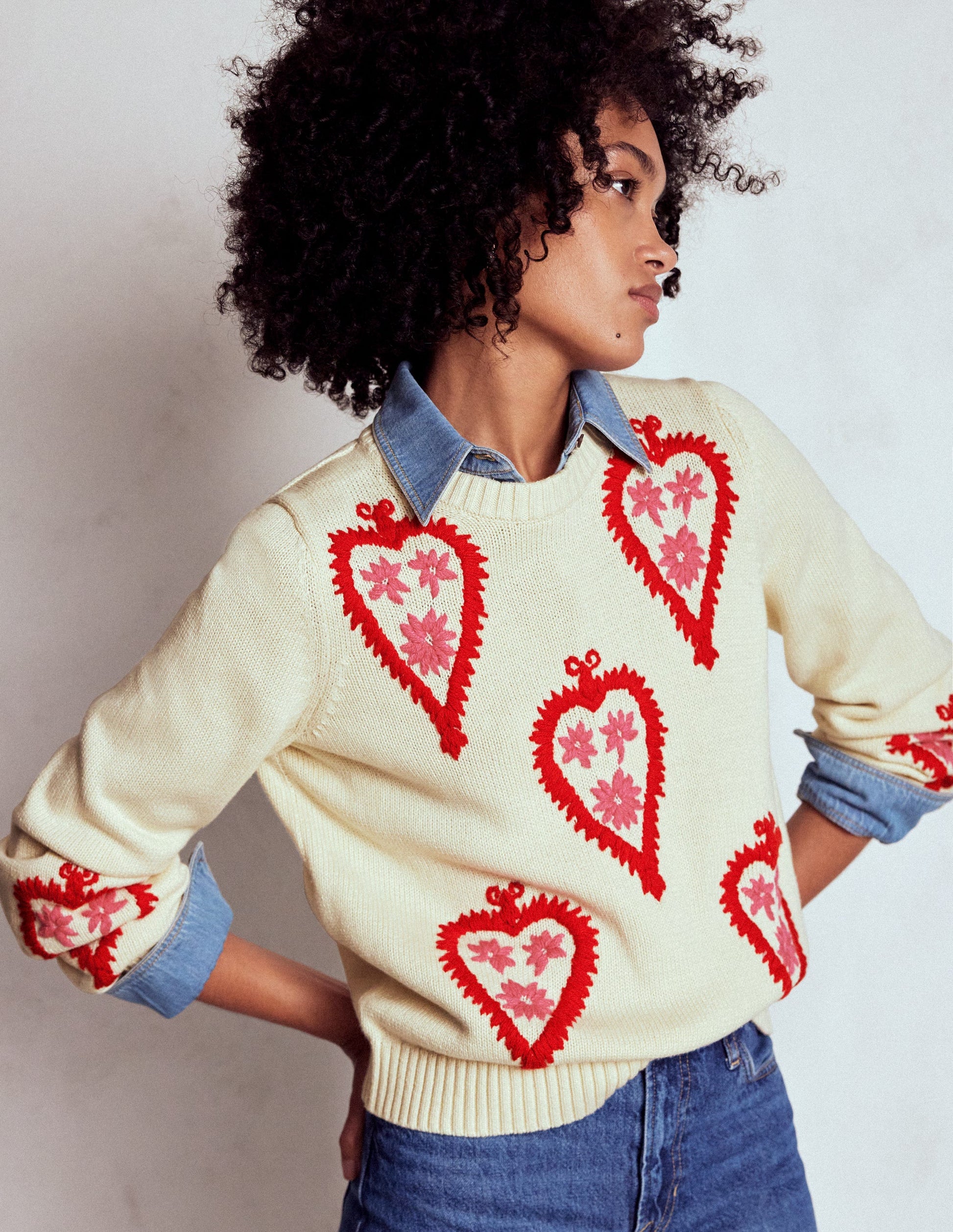 Graphic Embroidered Jumper-Warm Ivory, Hearts Boden UK