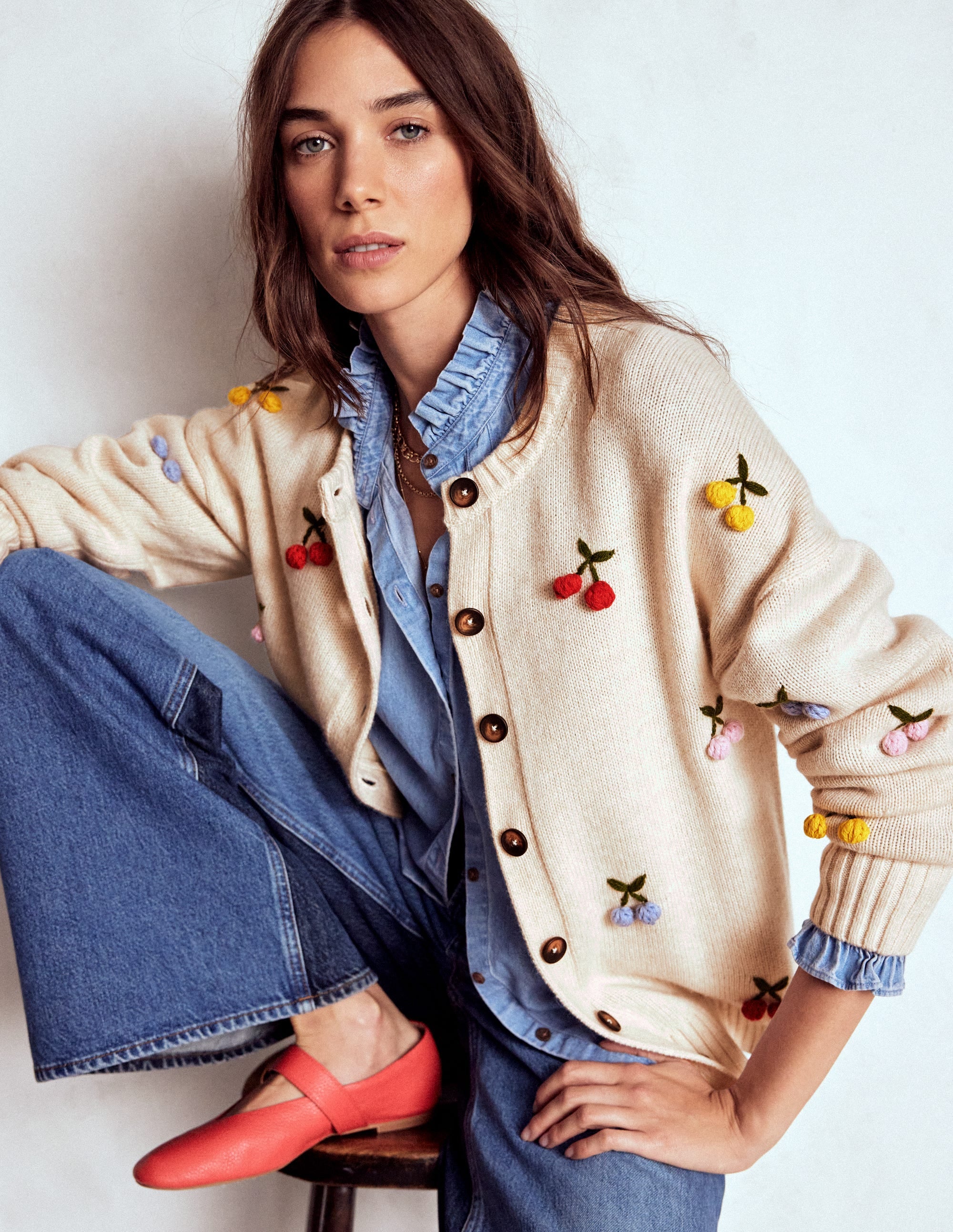 Natalie Embroidered Cardigan-Oatmeal Melange, Cherry - Image 1