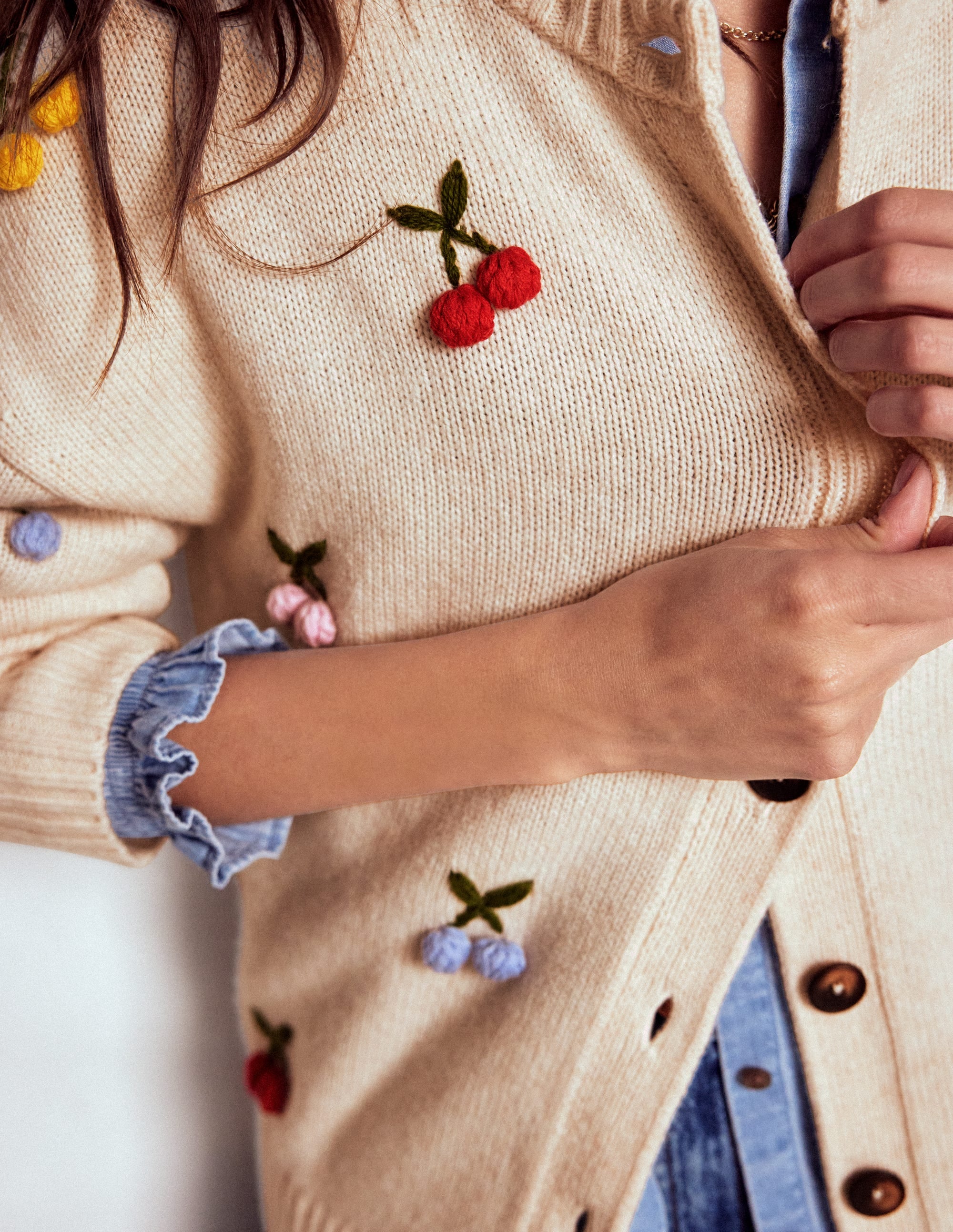 Natalie Embroidered Cardigan-Oatmeal Melange, Cherry - Image 2