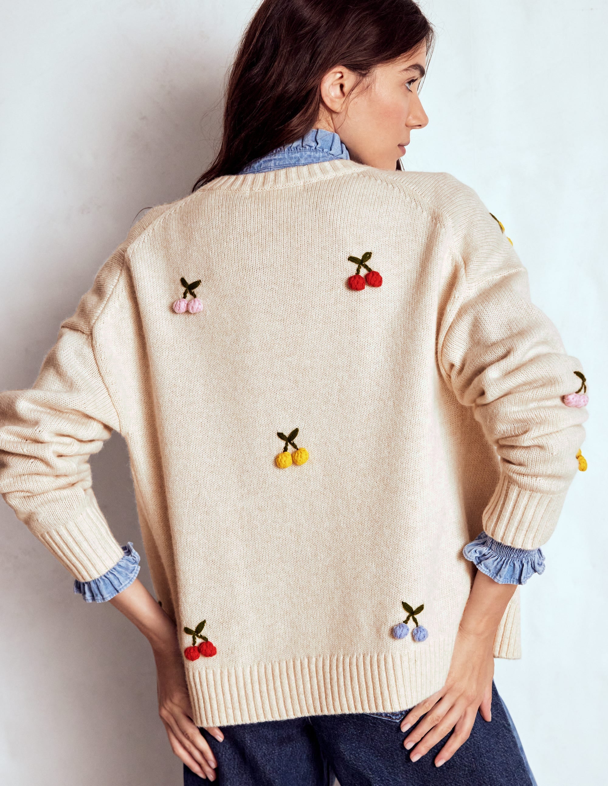Natalie Embroidered Cardigan-Oatmeal Melange, Cherry - Image 3