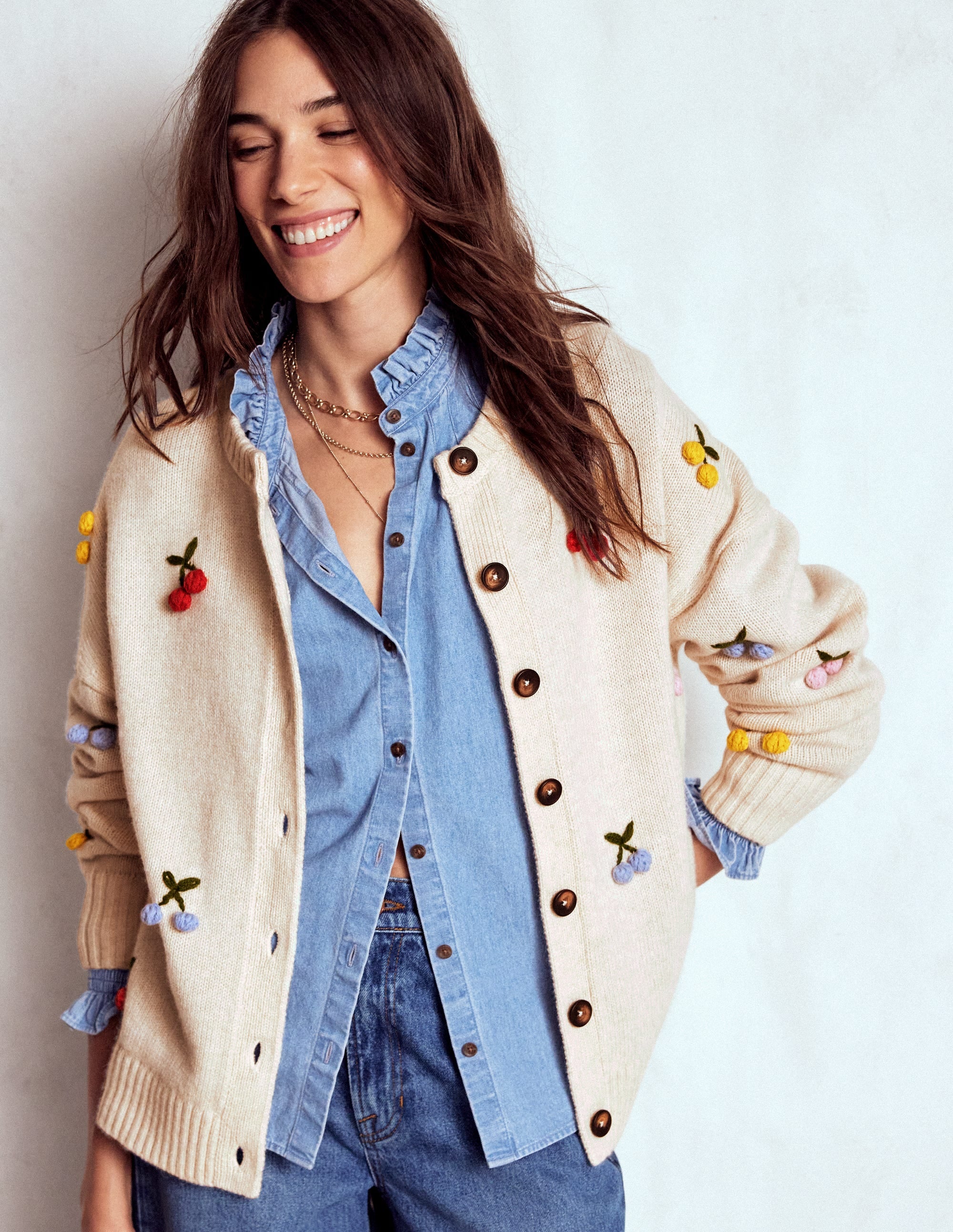 Natalie Embroidered Cardigan-Oatmeal Melange, Cherry - Image 5