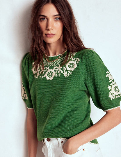 Puff Sleeve Embroidery T-shirt-Paradise Green-1