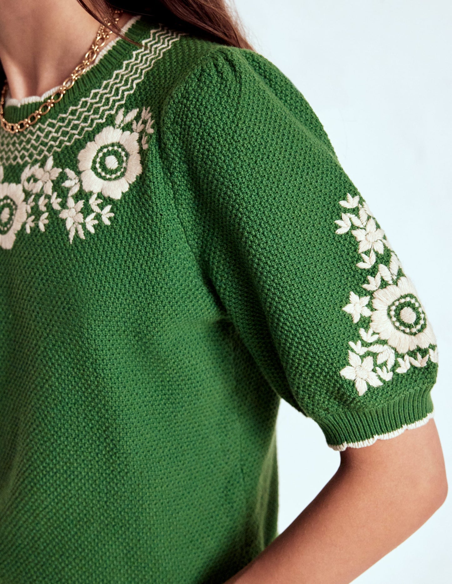 Puff Sleeve Embroidery T-shirt-Paradise Green