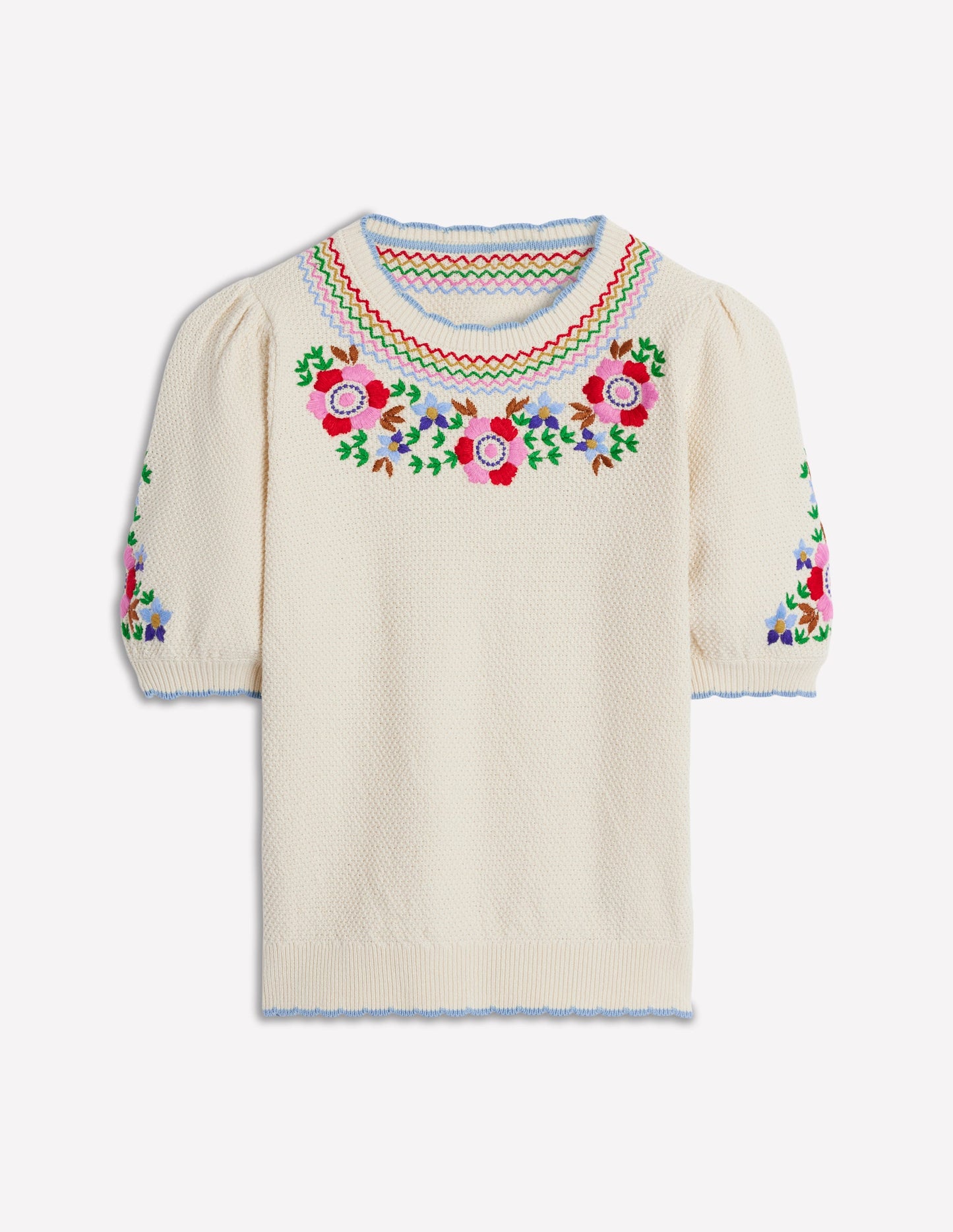 Puff Sleeve Embroidery T-shirt-Warm Ivory