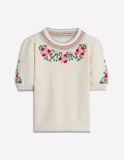 Puff Sleeve Embroidery T-shirt-Warm Ivory-7