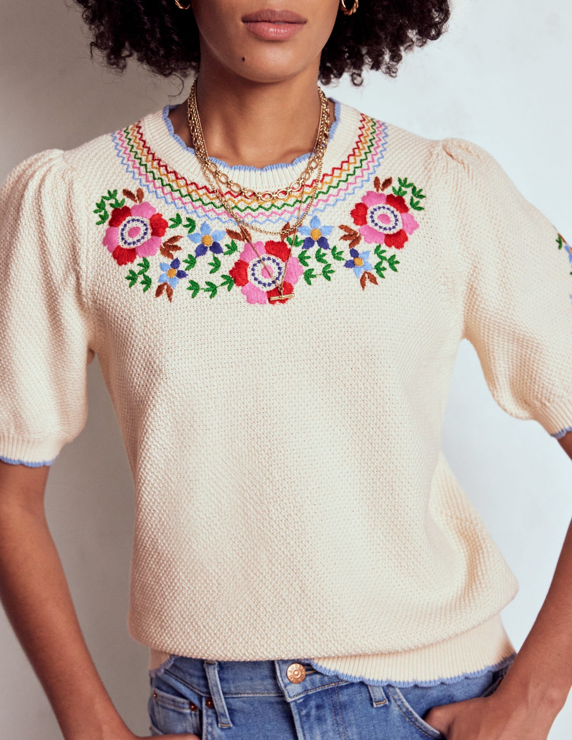 Puff Sleeve Embroidery T-shirt-Warm Ivory-2