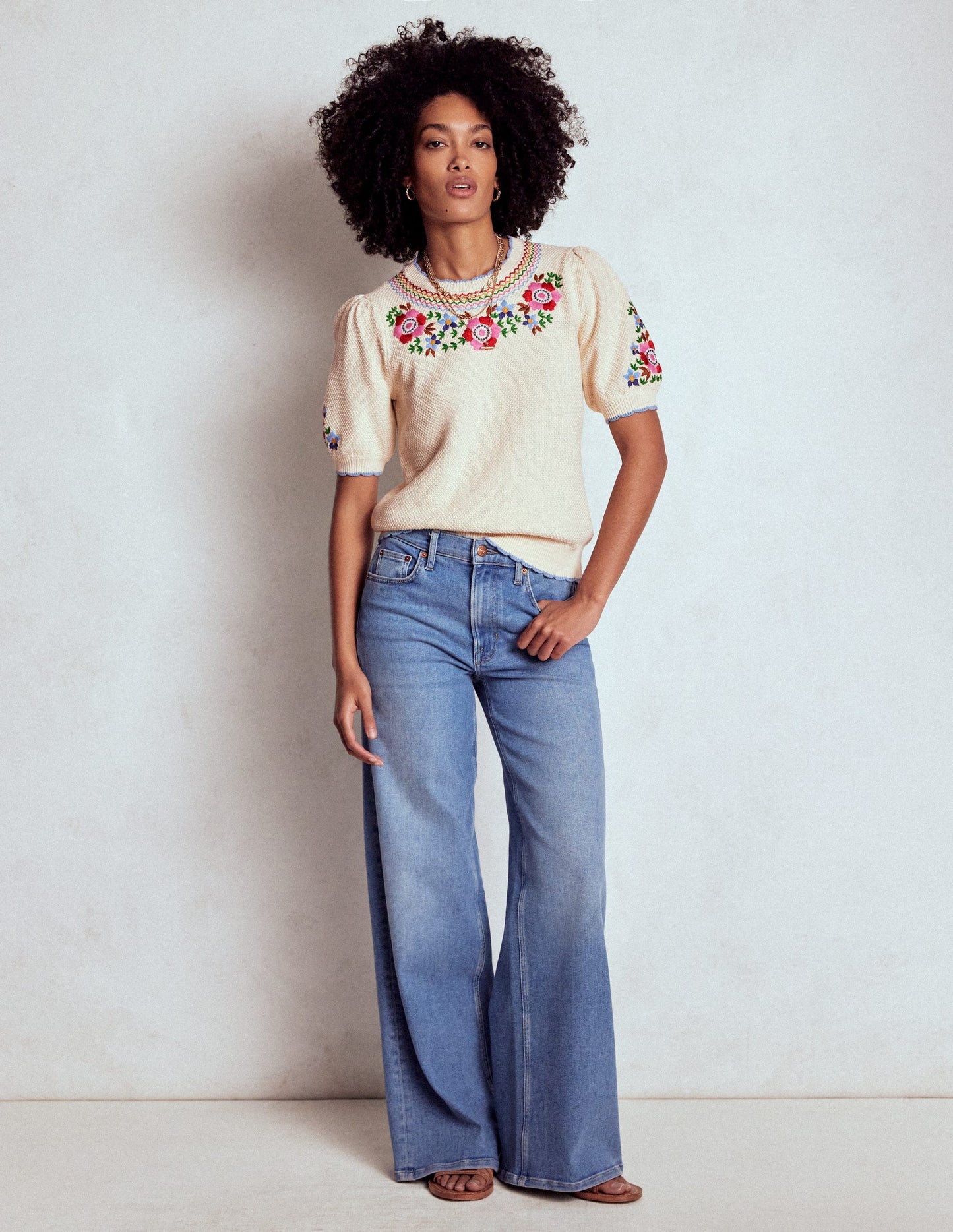 Puff Sleeve Embroidery T-shirt-Warm Ivory