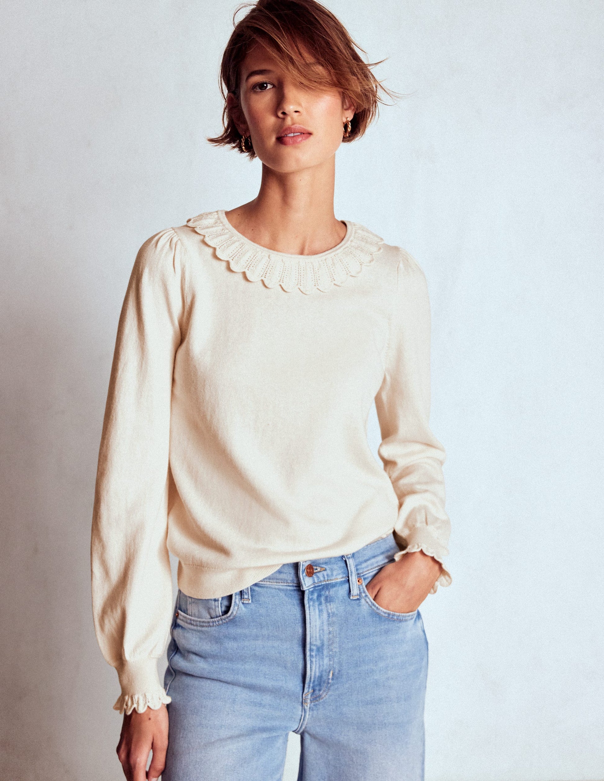 Melina Cotton Ruffle Jumper-Warm Ivory Boden UK