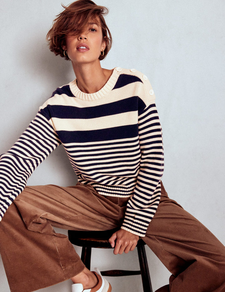 Jemma Chunky Cotton Jumper-Warm Ivory/ Navy