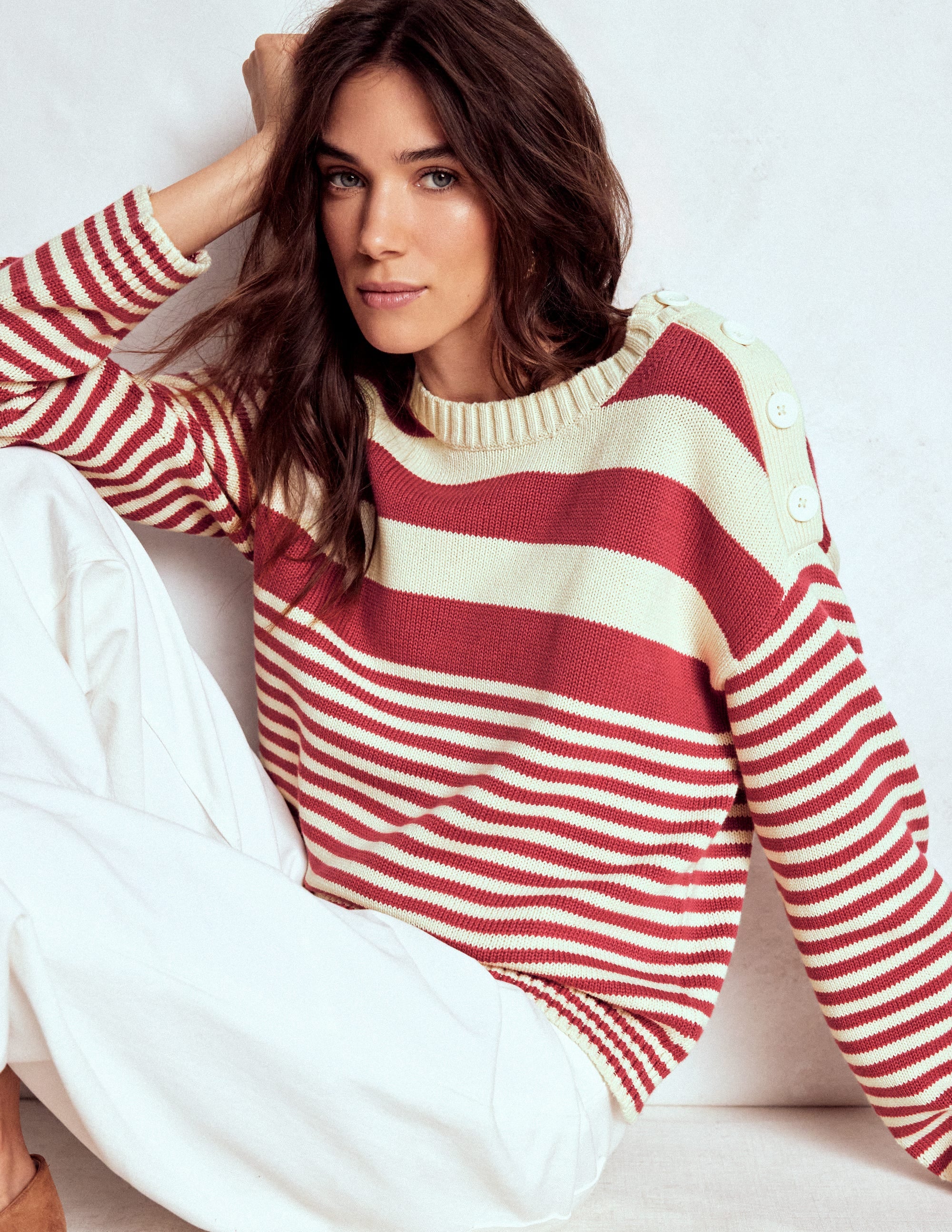 Jemma Chunky Cotton Jumper-Warm Ivory/ Terracotta - Image 1