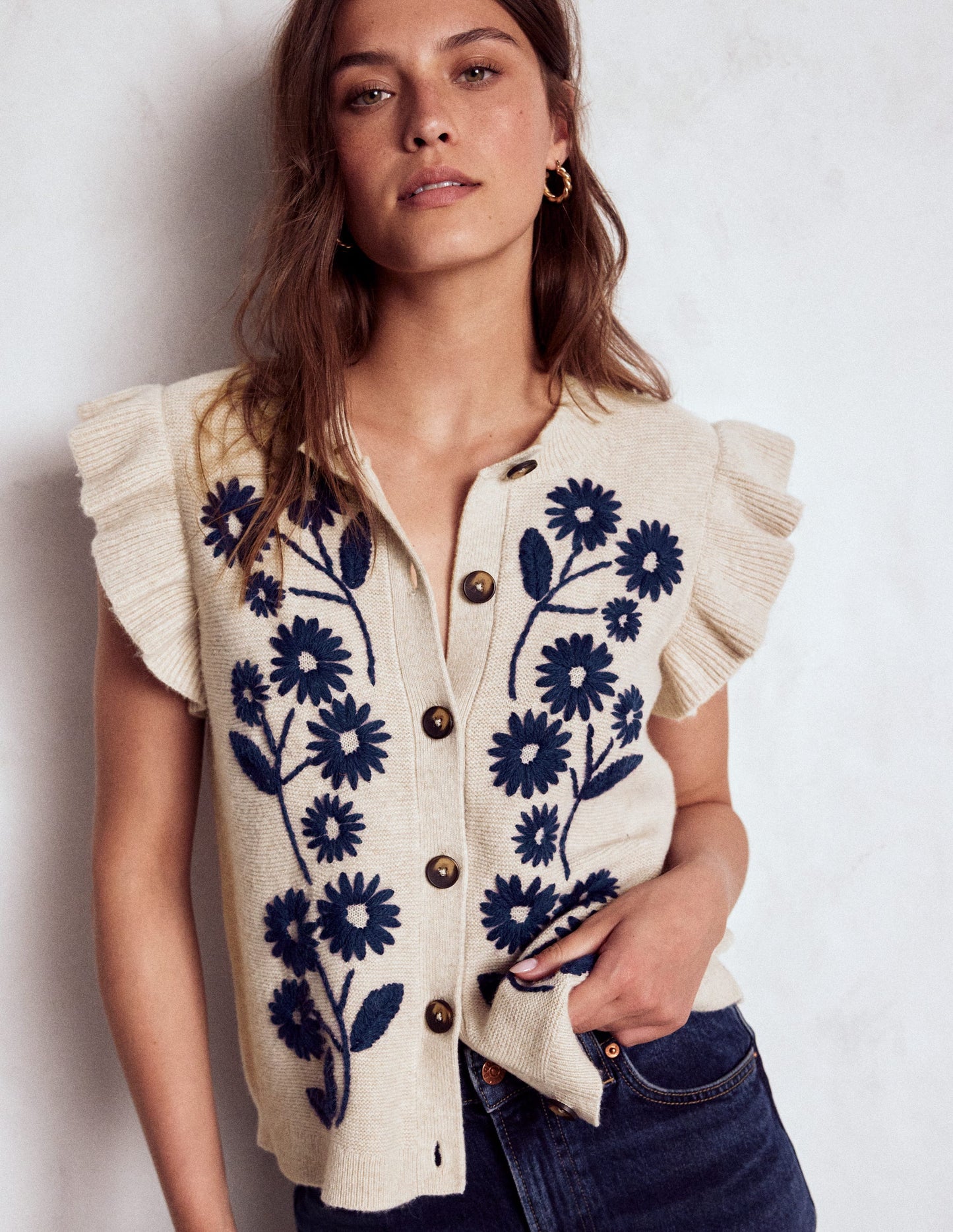 Frill Detail Waistcoat-Oatmeal Melange