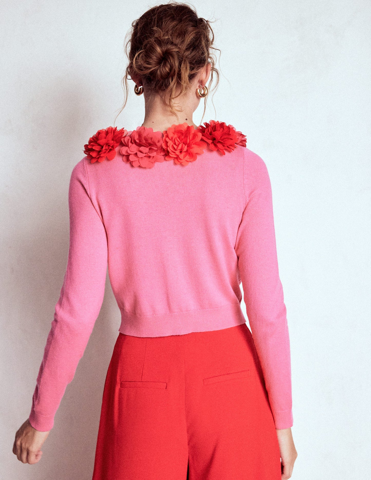 Crew Neck Cropped Cardigan-Pink Ribbon