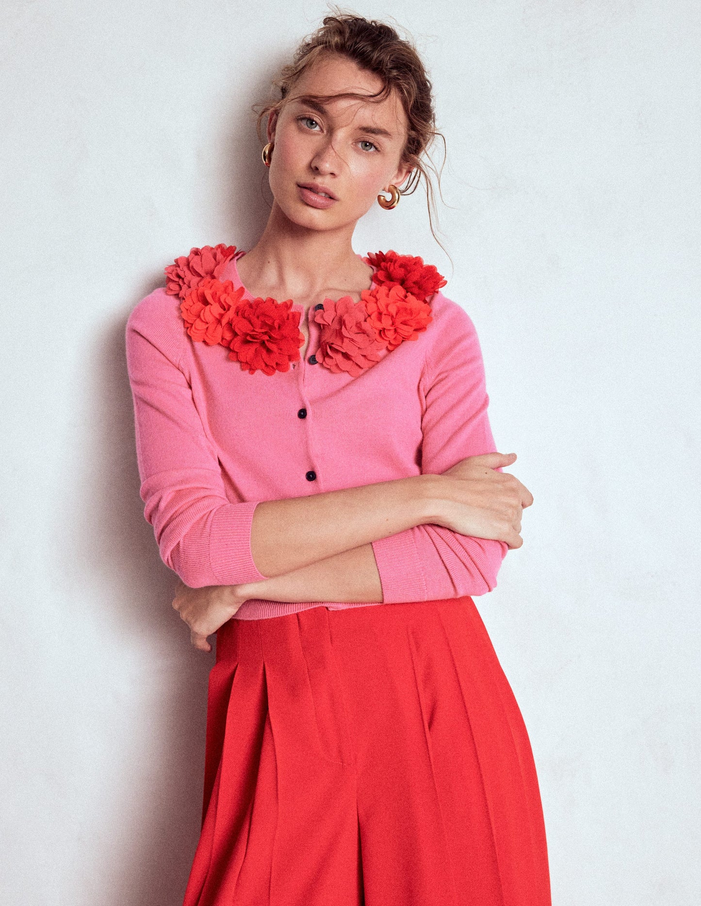 Crew Neck Cropped Cardigan-Pink Ribbon