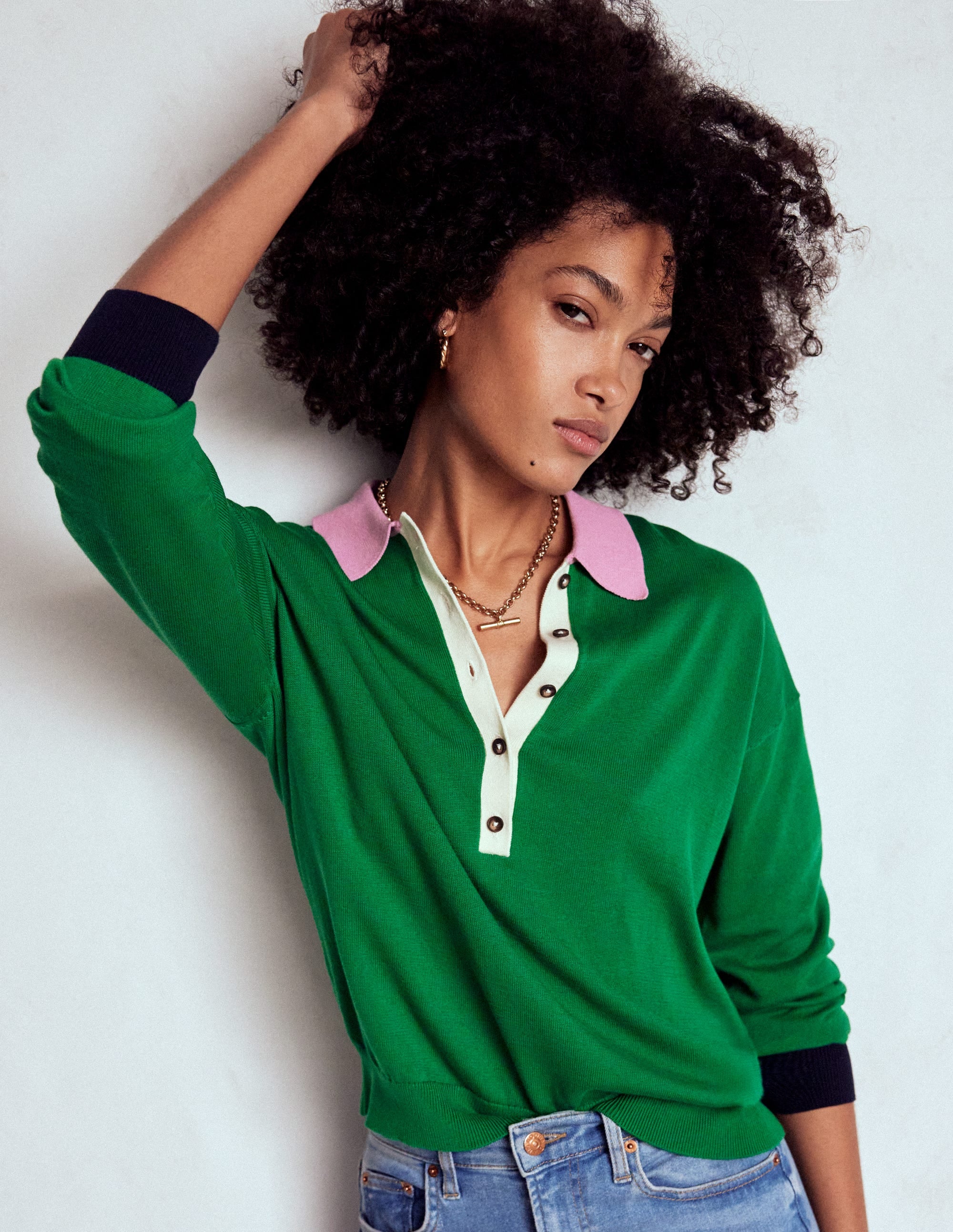 Lara Cotton Henley Jumper-Rich Emerald Colour Block - Image 4
