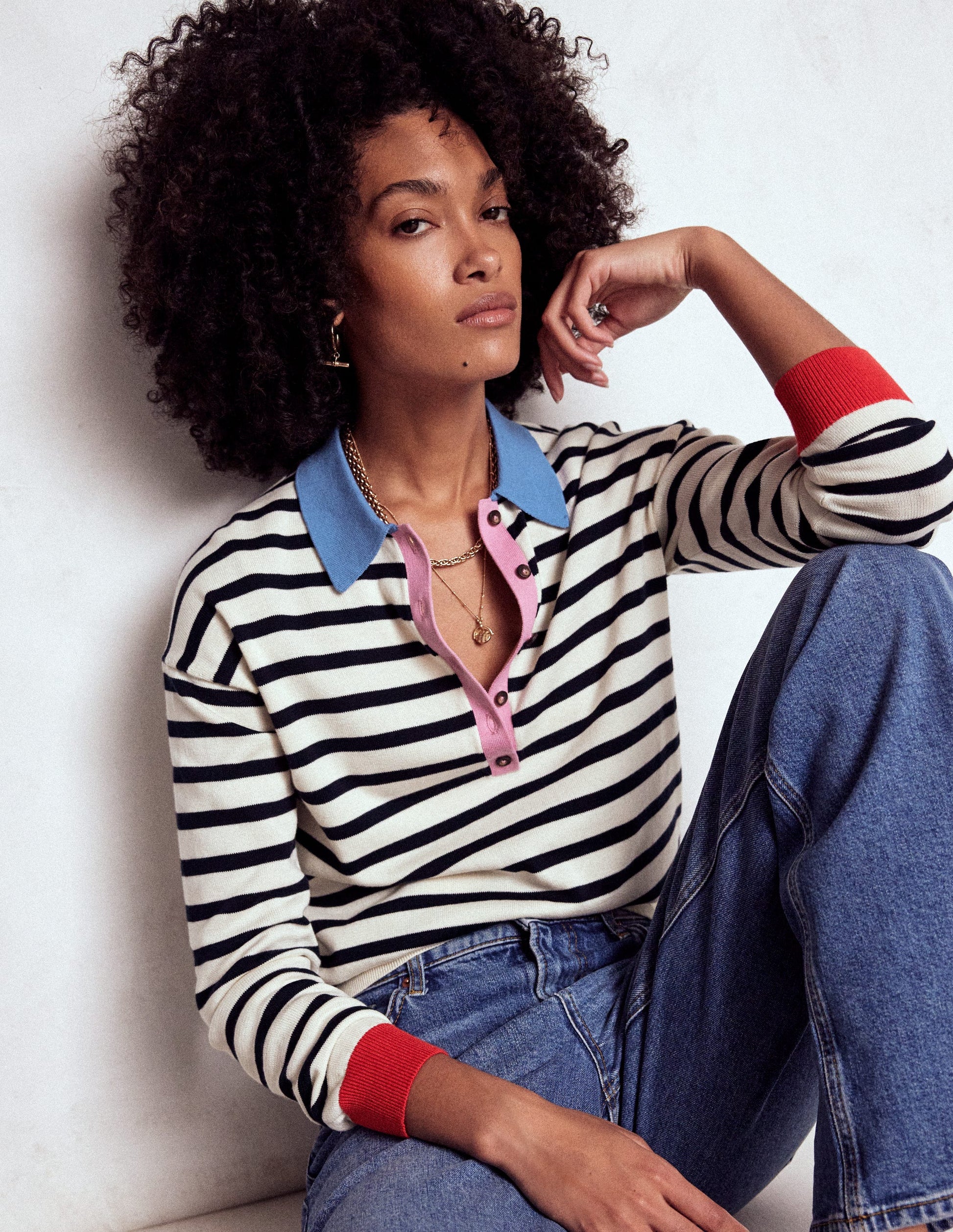 Lara Cotton Henley Jumper-Navy, Warm Ivory Stripe-1