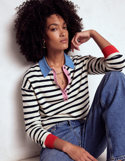 Lara Cotton Henley Jumper-Navy, Warm Ivory Stripe-1