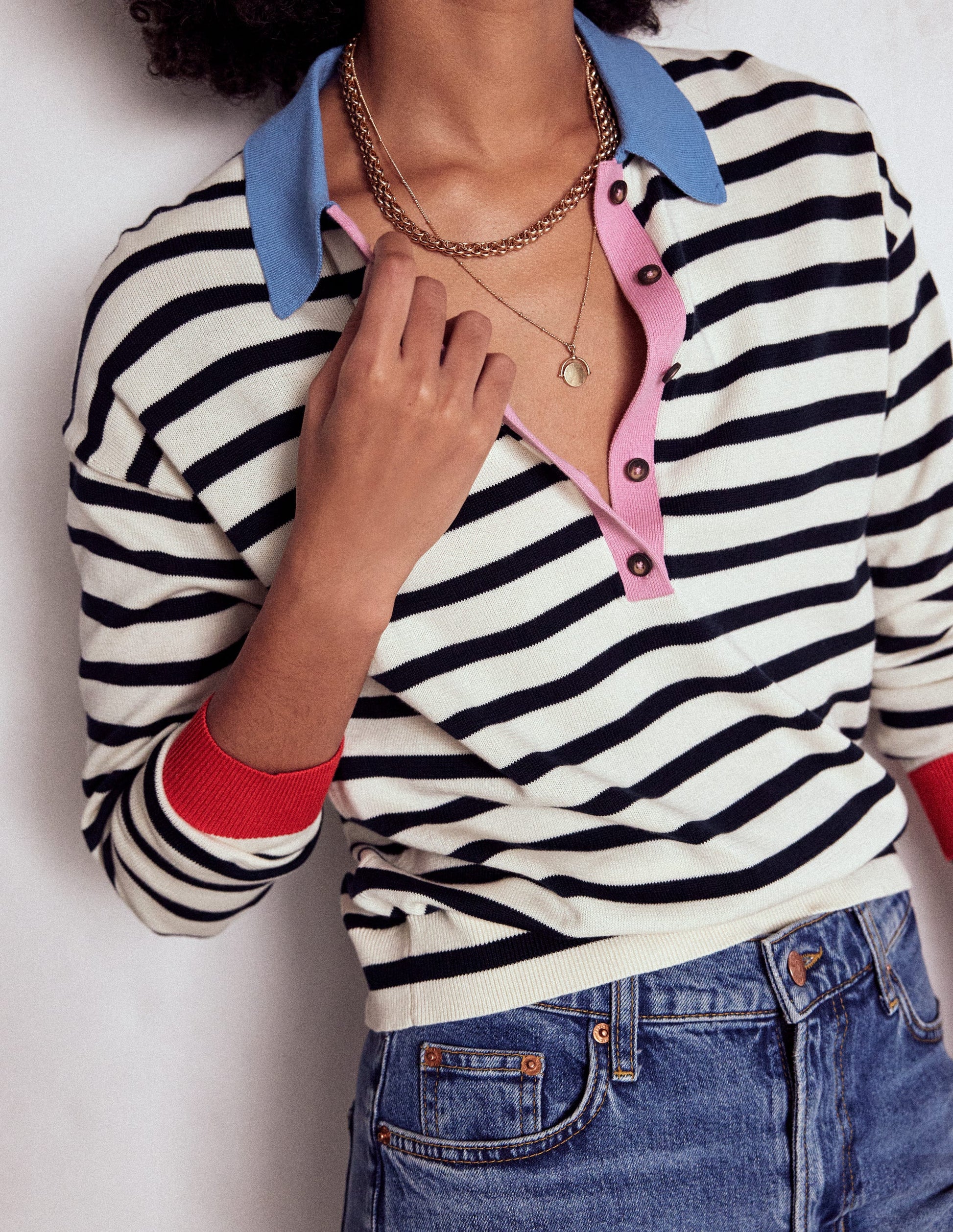 Lara Cotton Henley Jumper-Navy, Warm Ivory Stripe-2