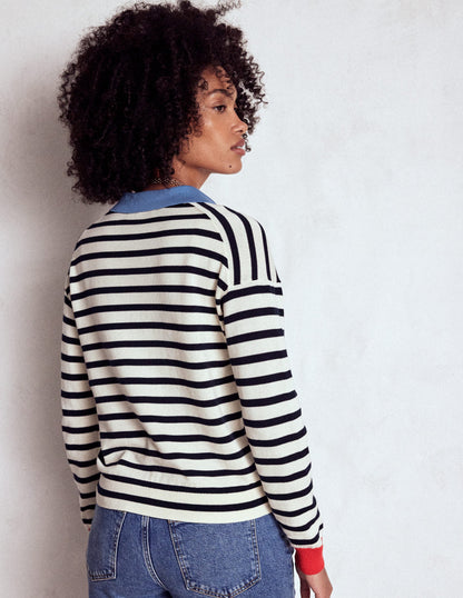 Lara Cotton Henley Jumper-Navy, Warm Ivory Stripe-3