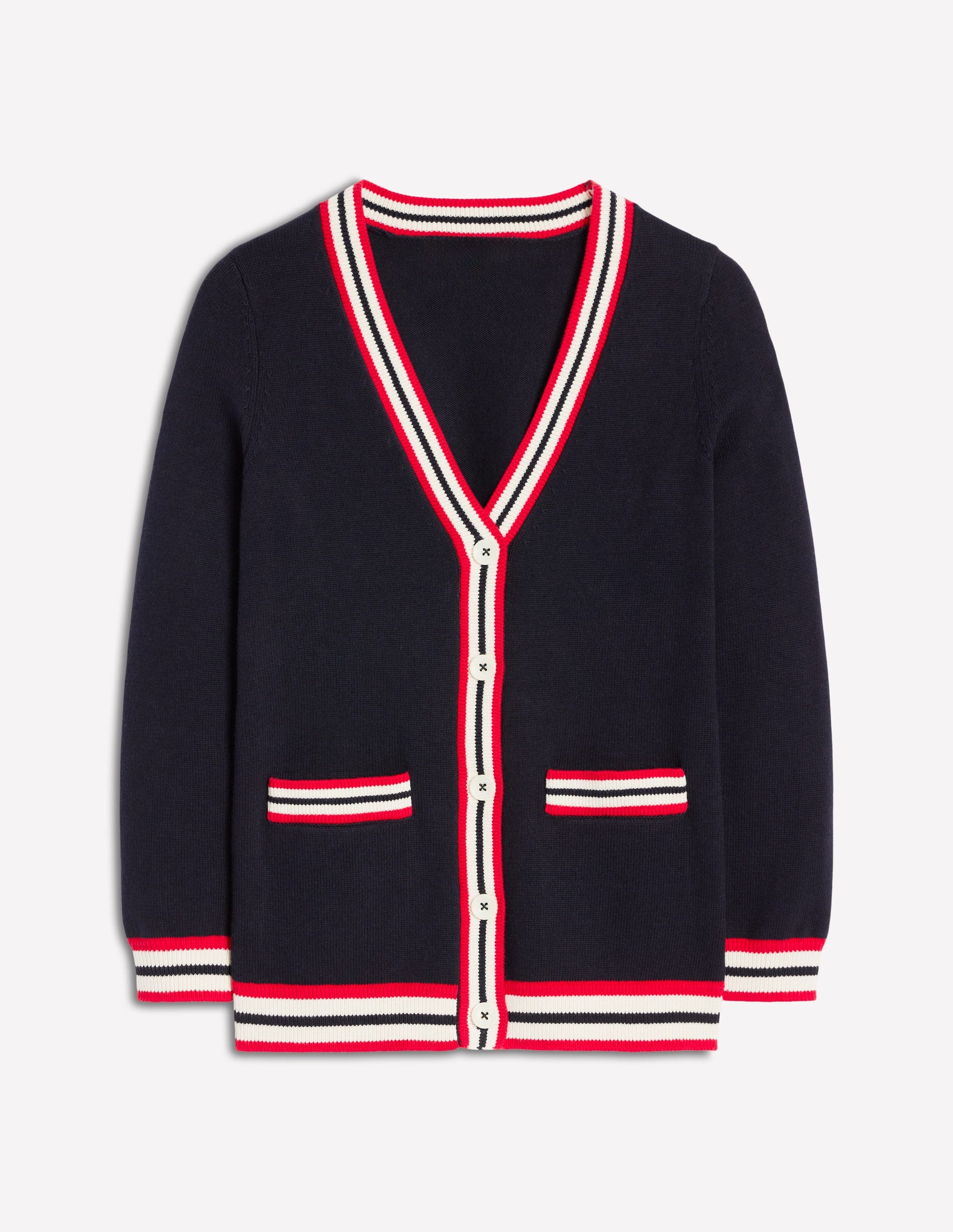 Long Cotton V-neck Cardigan-Navy-5