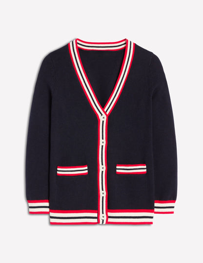 Long Cotton V-neck Cardigan-Navy-5