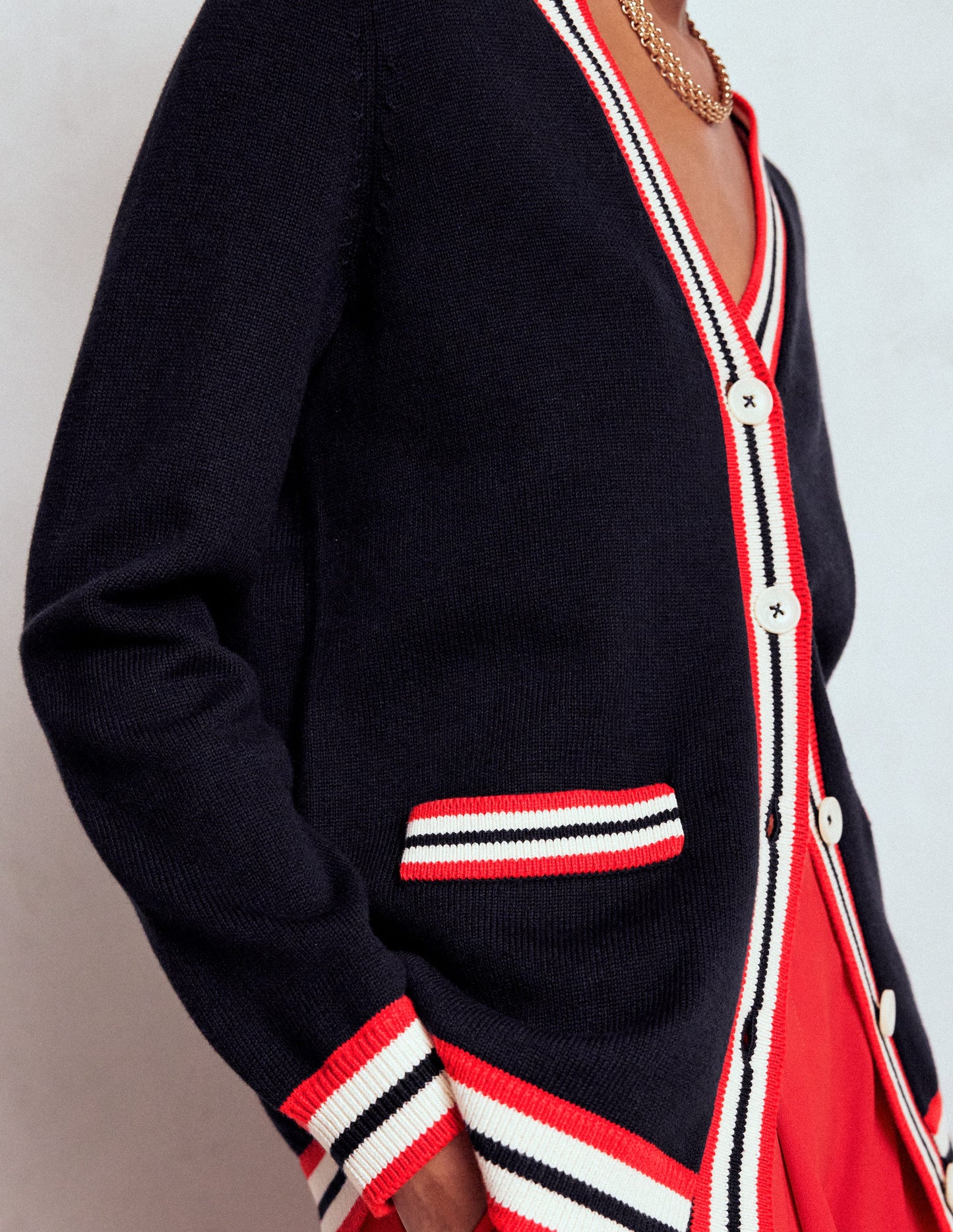 Long Cotton V-neck Cardigan-Navy