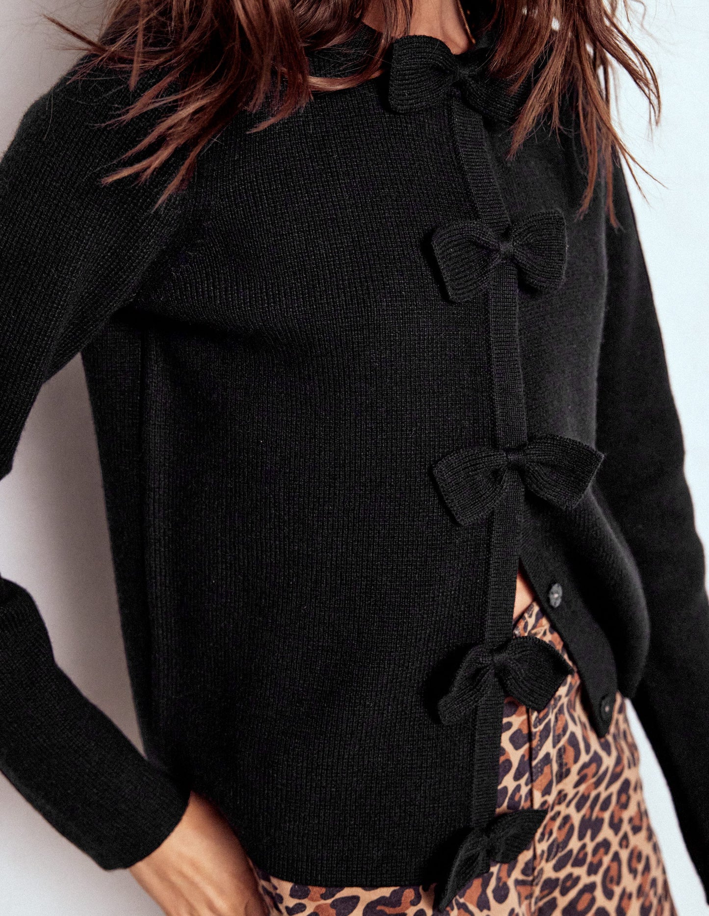 Knitted Bow Cardigan-Black