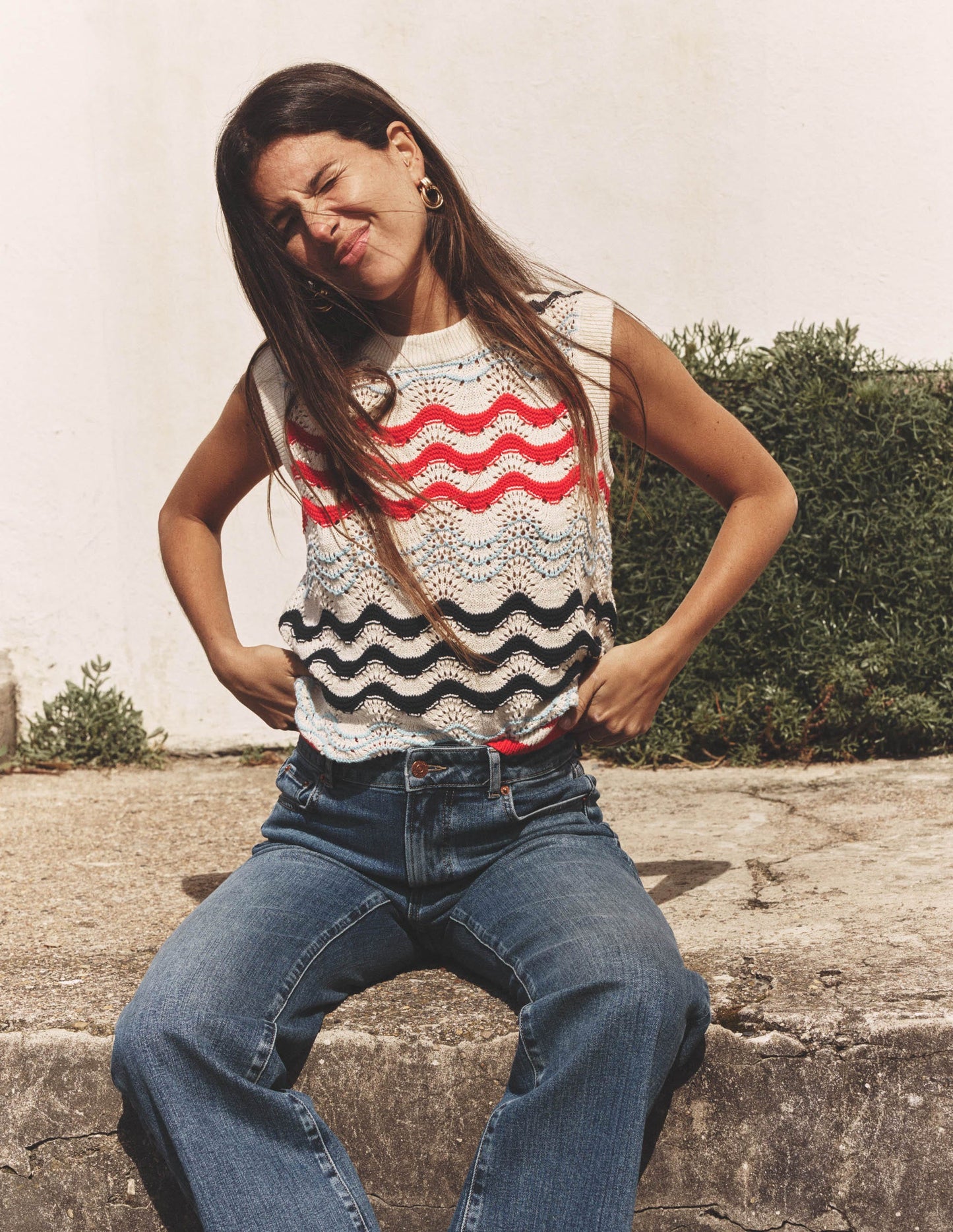 Cotton Wave Tank-Navy/ Red Textured Wave