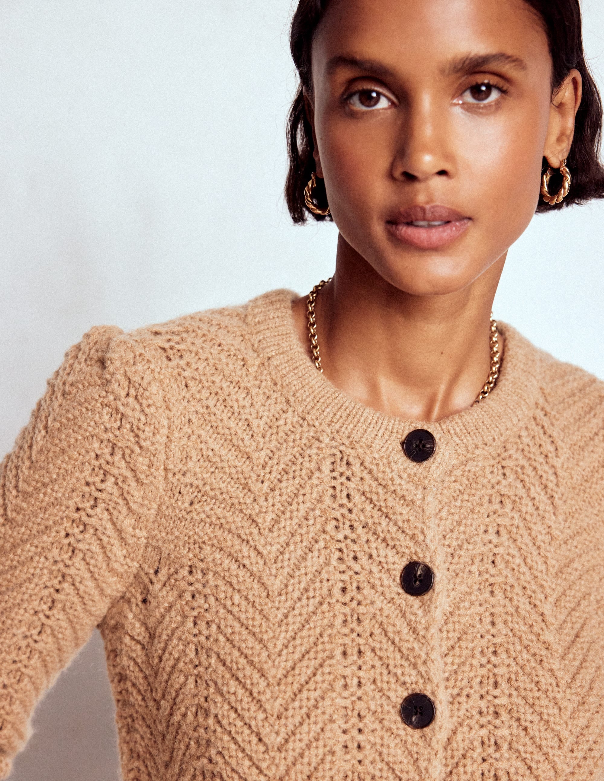 Chunky Chevron Knitted Jacket-Camel - Image 1