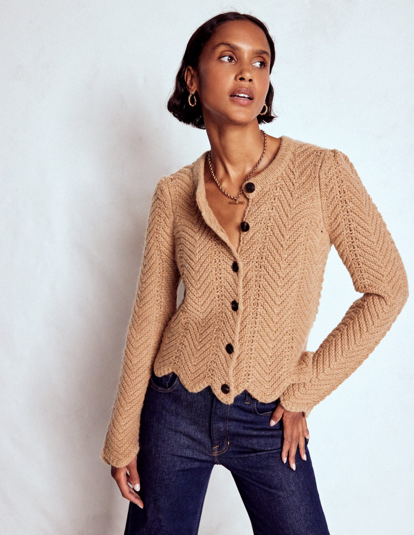 Chunky Chevron Knitted Jacket-Camel