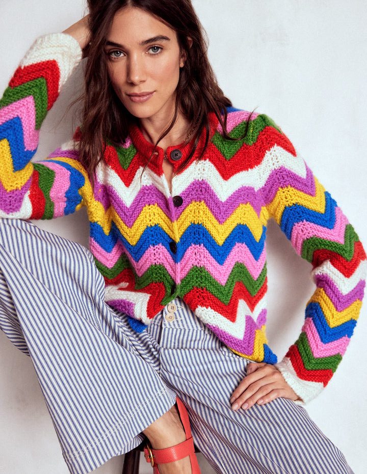 Chunky Chevron Knitted Jacket-Multi, Zig Zag