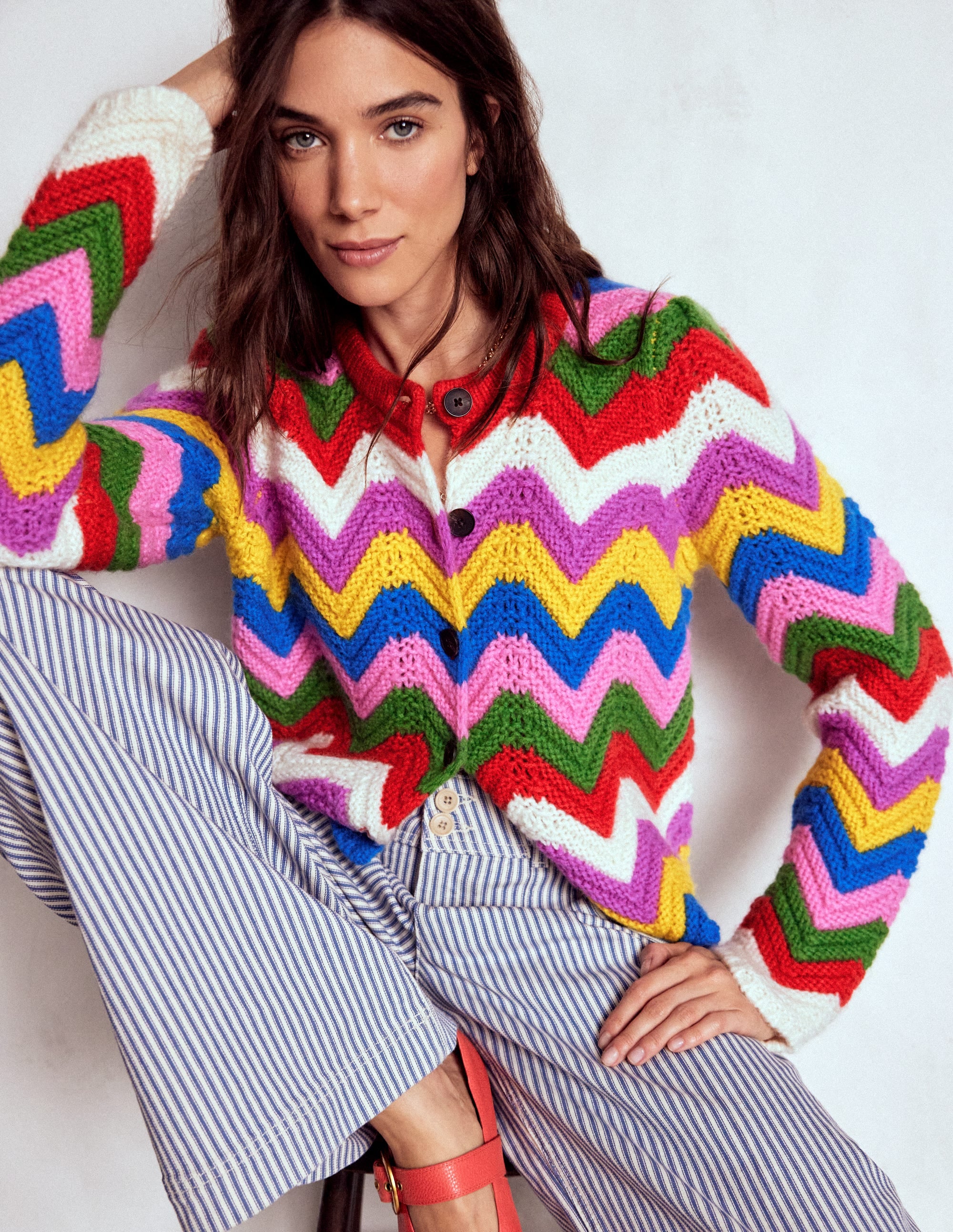 Chunky Chevron Knitted Jacket-Multi, Zig Zag - Image 1