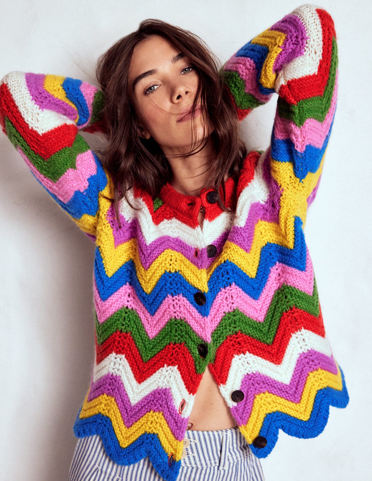 Chunky Chevron Knitted Jacket-Multi, Zig Zag