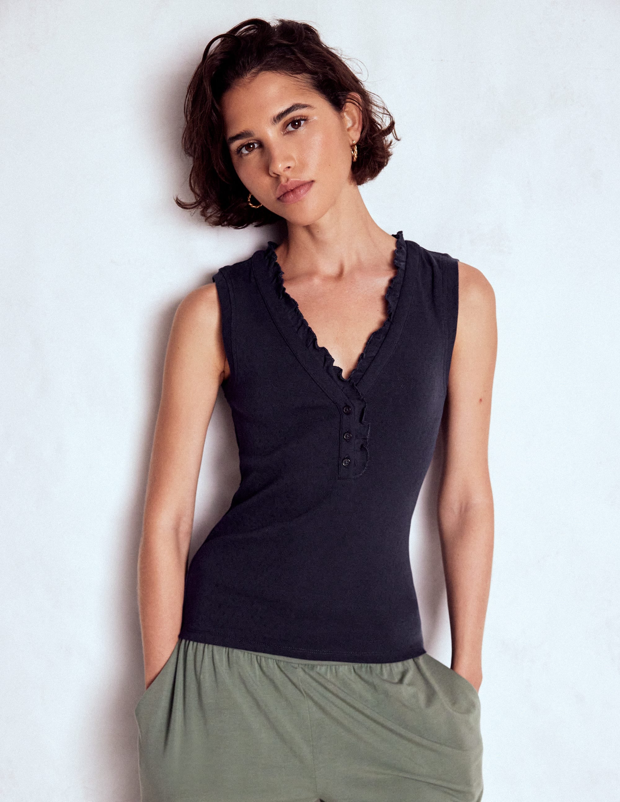 Jersey Henley Pyjama Vest-Dark Blue - Image 1