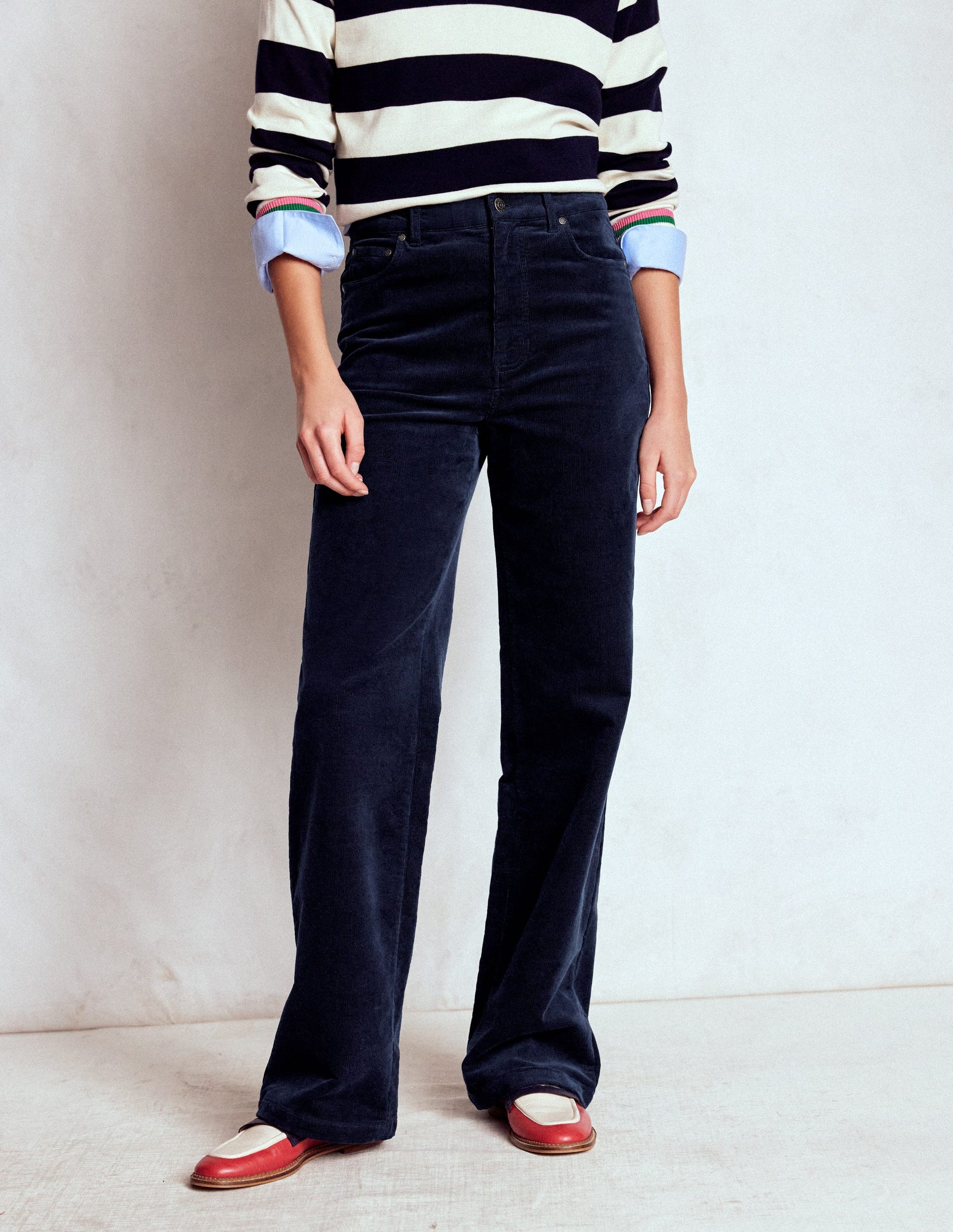 High Rise Cord Column Jeans-Navy-4