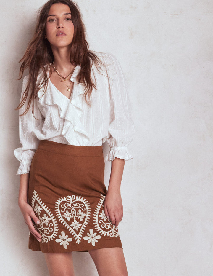 Embroidered Linen Skirt-Russet