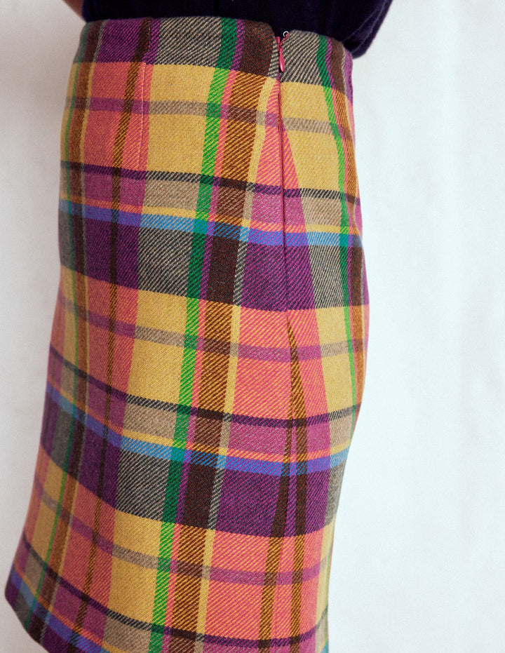 Wool A Line Mini Skirt-Yellow, Pink and Green Check