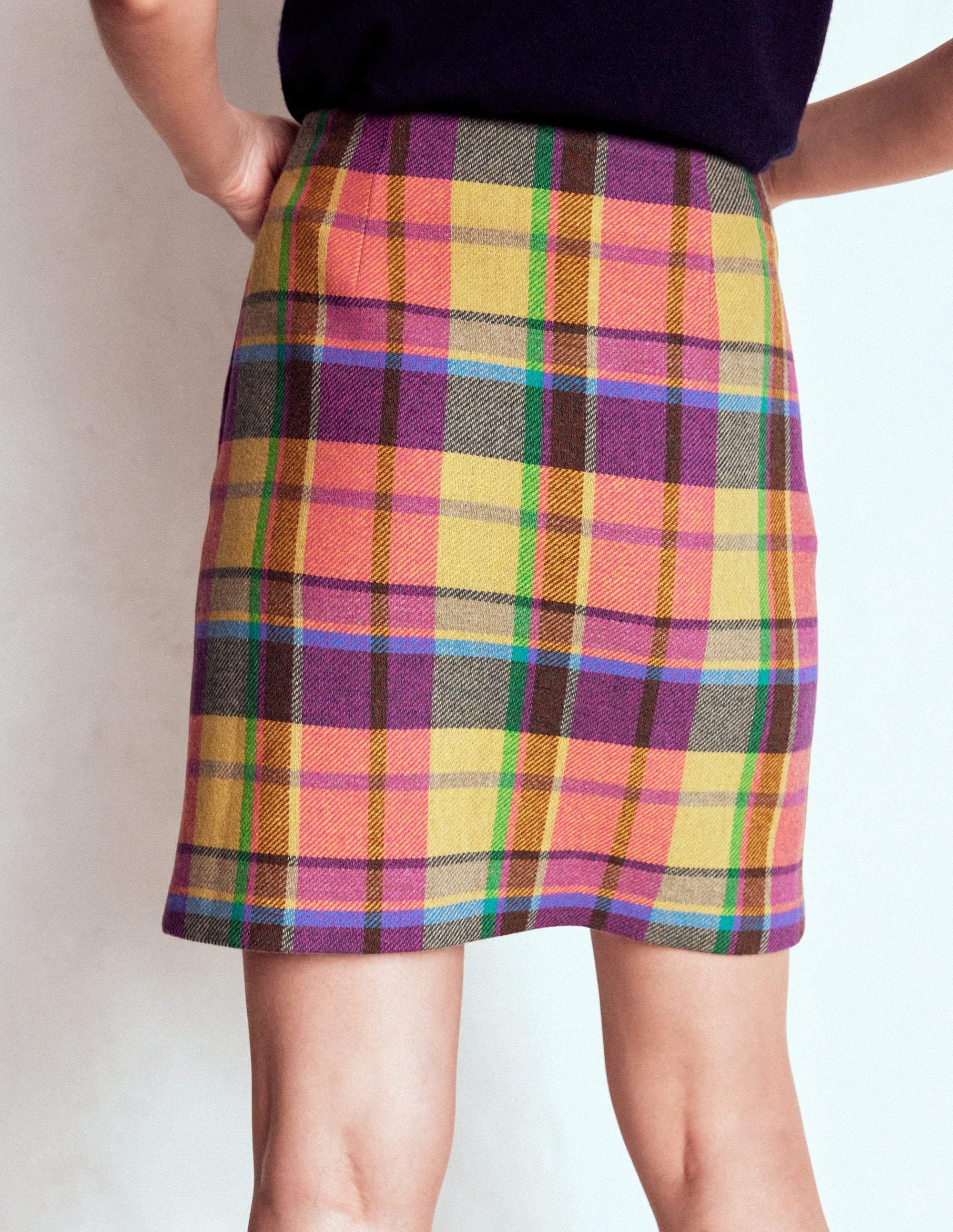 Wool Blend A-Line Skirt-Yellow, Pink and Green Check - Image 2