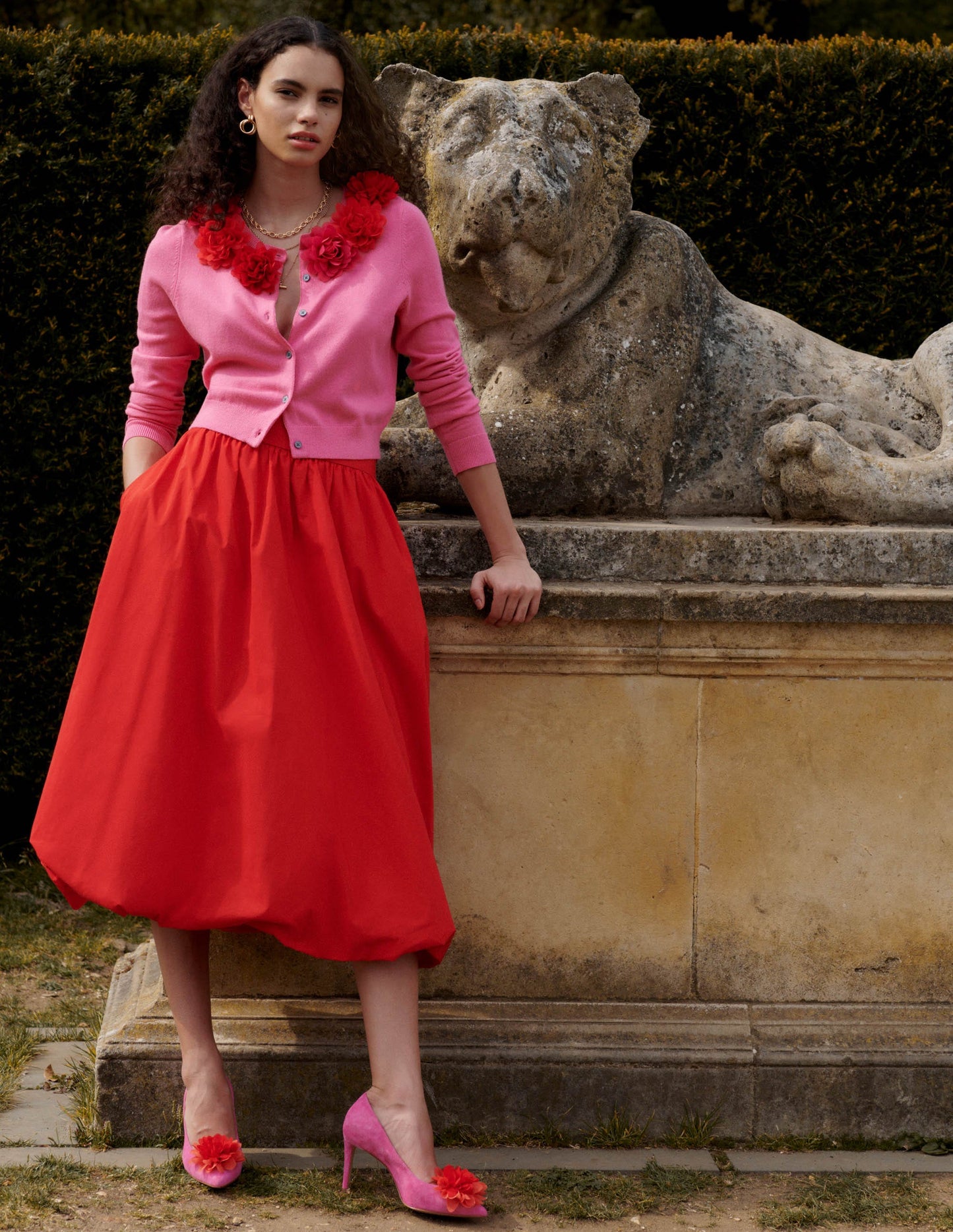 Bubble Hem Midi Skirt-Poppy Red