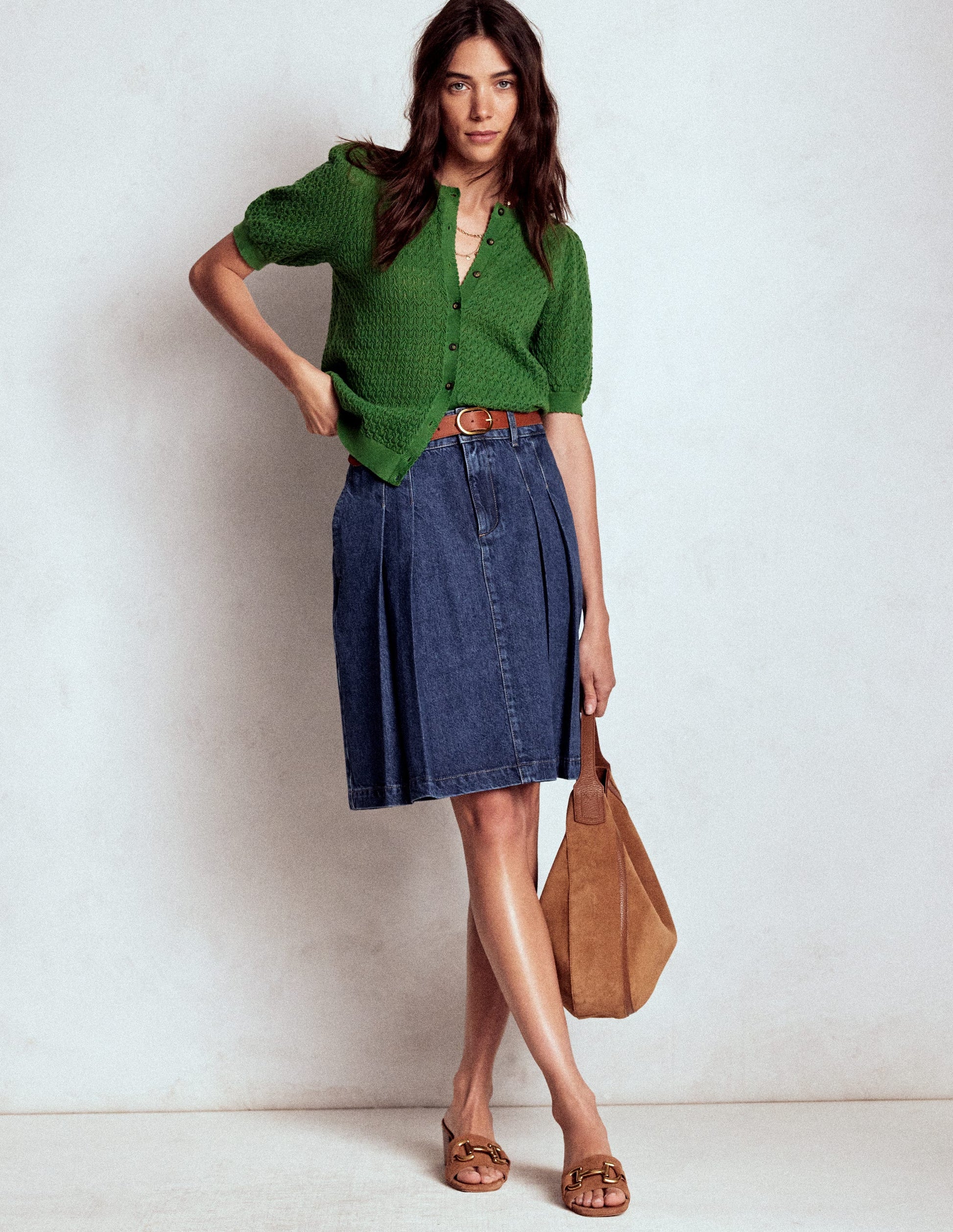 Pleated Denim Skirt-Mid Wash Boden UK - Main Image