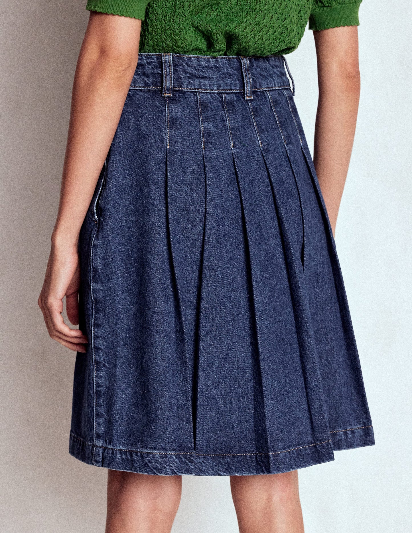 Pleated Denim Skirt-Mid Wash