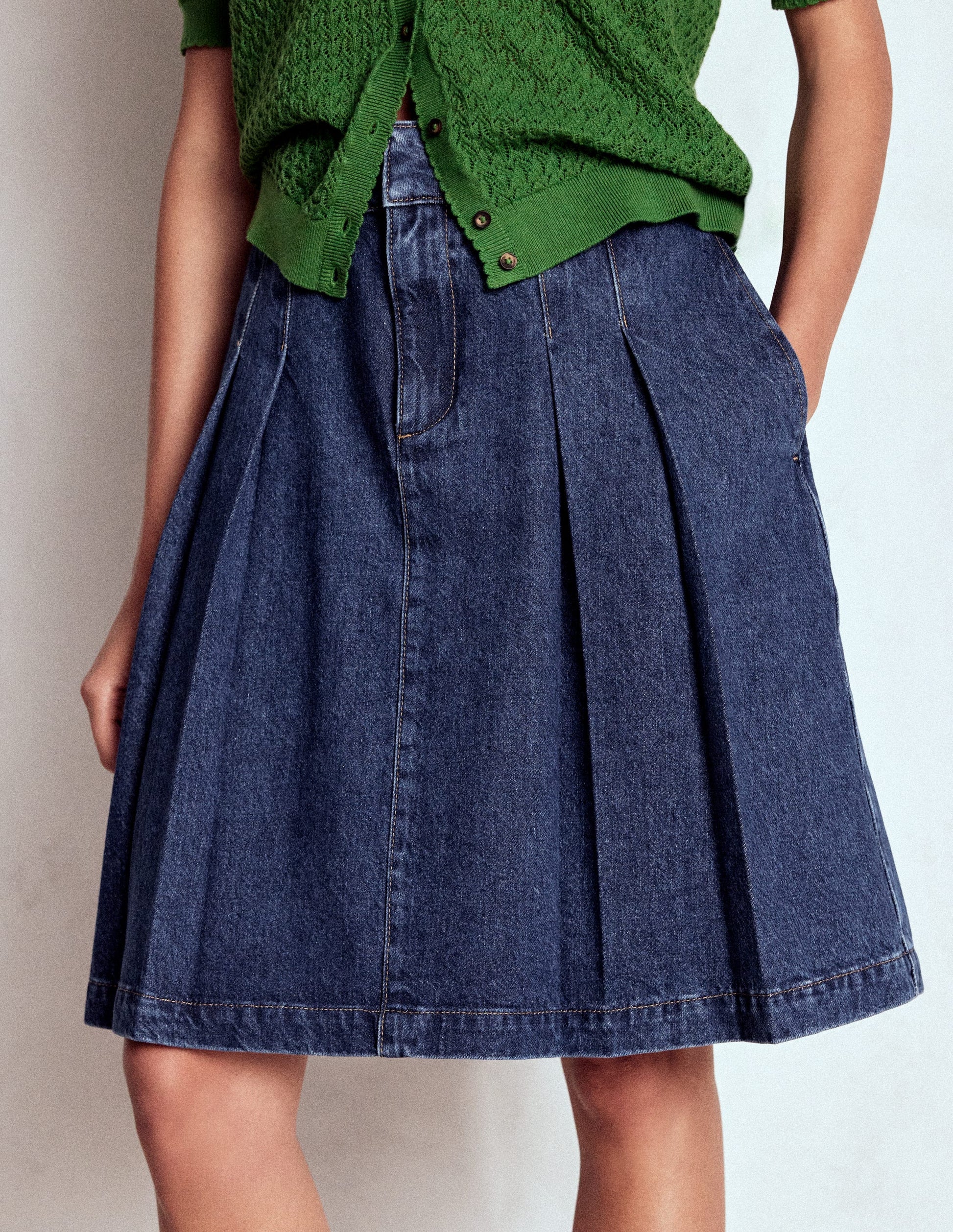 Pleated Denim Skirt-Mid Wash-4
