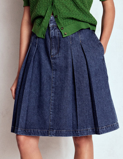 Pleated Denim Skirt-Mid Wash-4