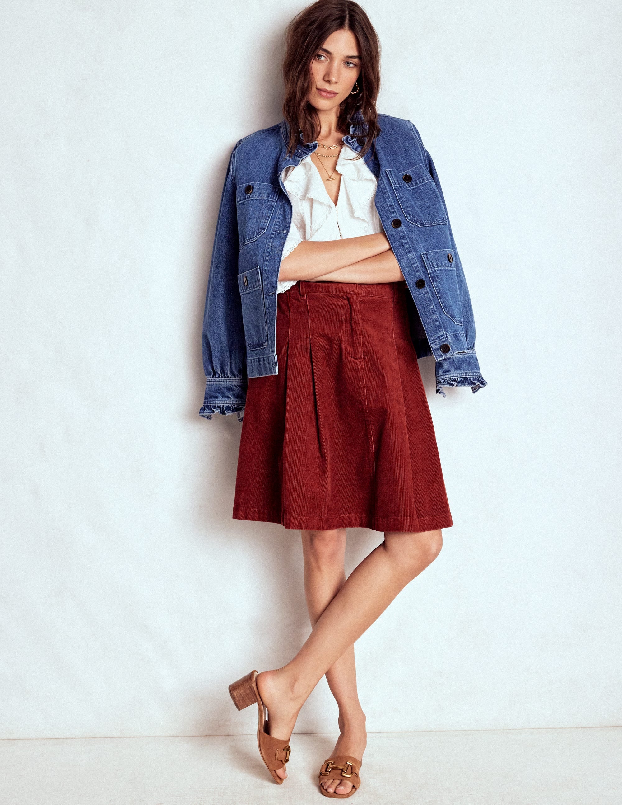 Pleated Cord Skirt-Fired Brick - Image 1